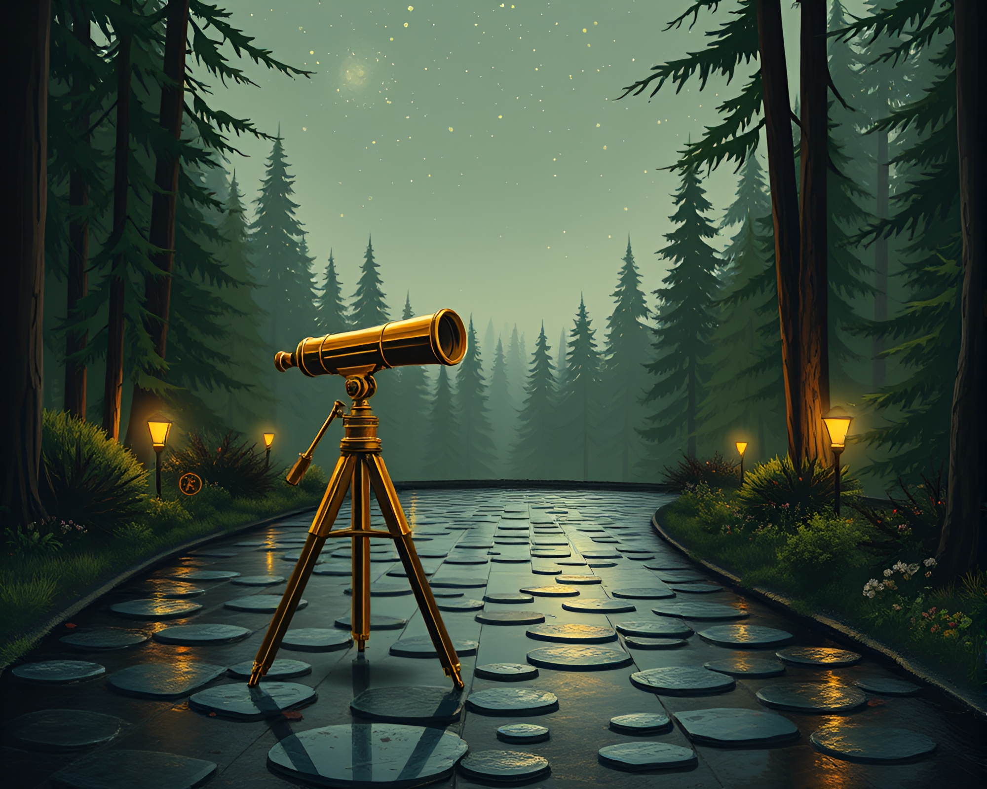 Enchanted Forest Green: Wet Pavement Silhouette Illustration – free AI stock image