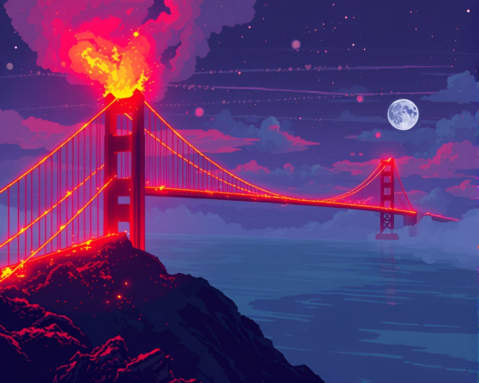Pop art style image of a pixelated glass bridge illuminated by volcano-red light