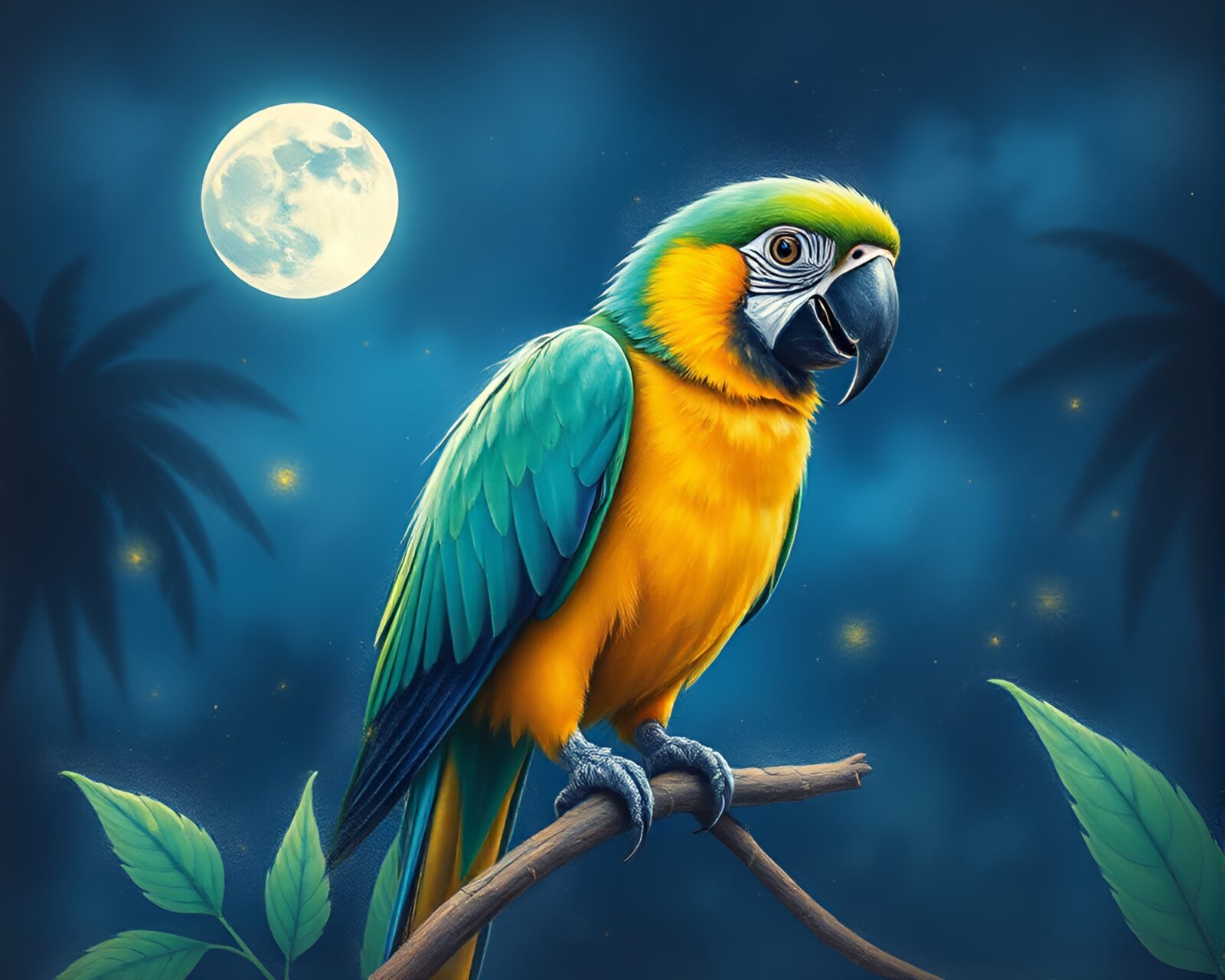 Softly glowing parrot amidst twinkling dust under moonlight