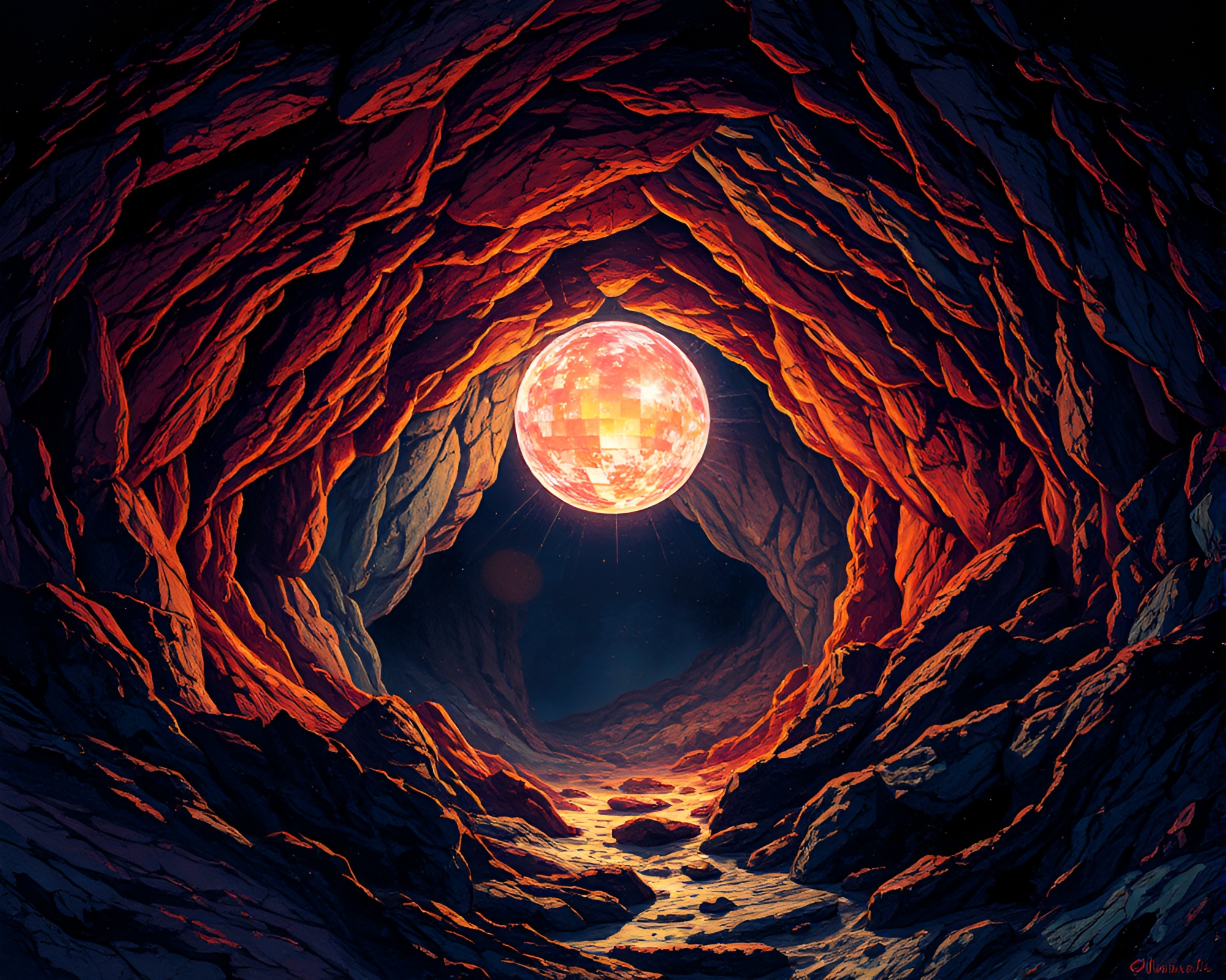 Mystical Cave Painting with Disco Ball Illumination – free AI stock image