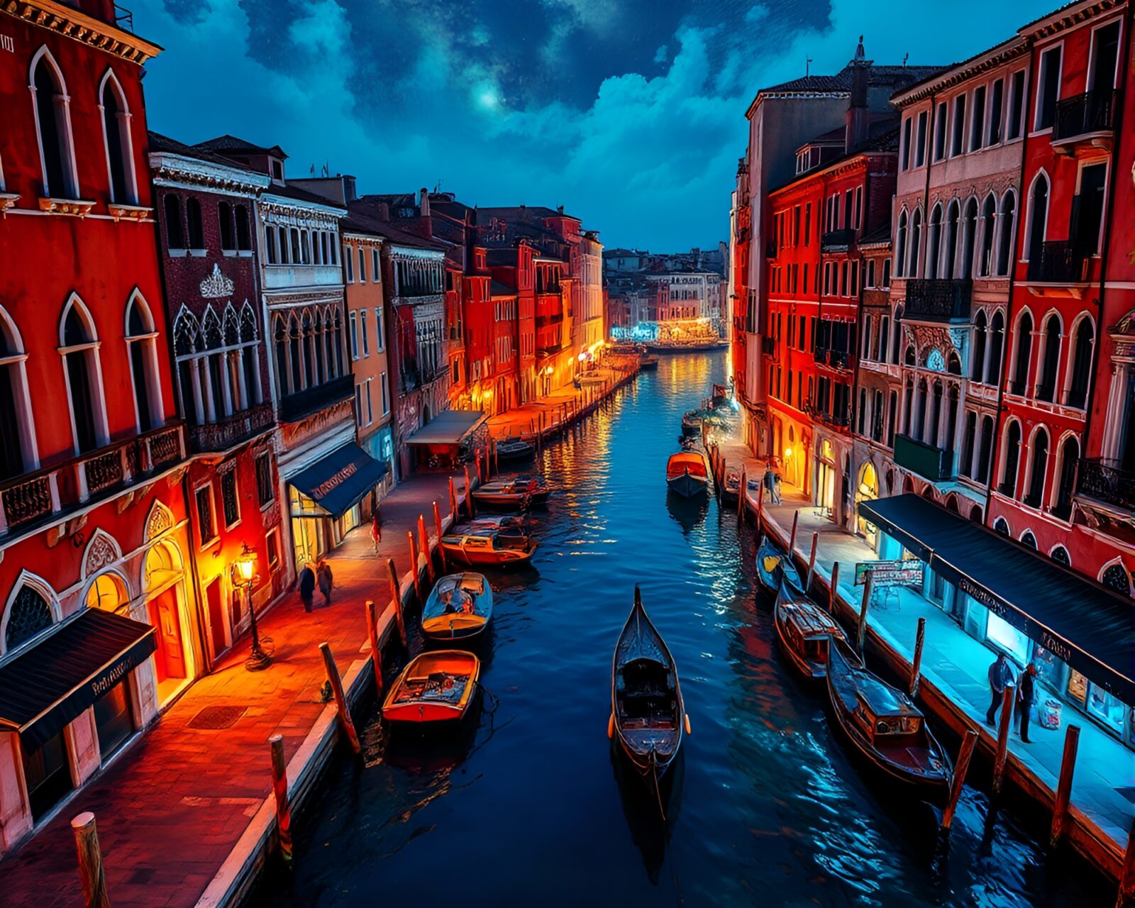 Vibrant Venetian canal depicted in dynamic, colorful action painting