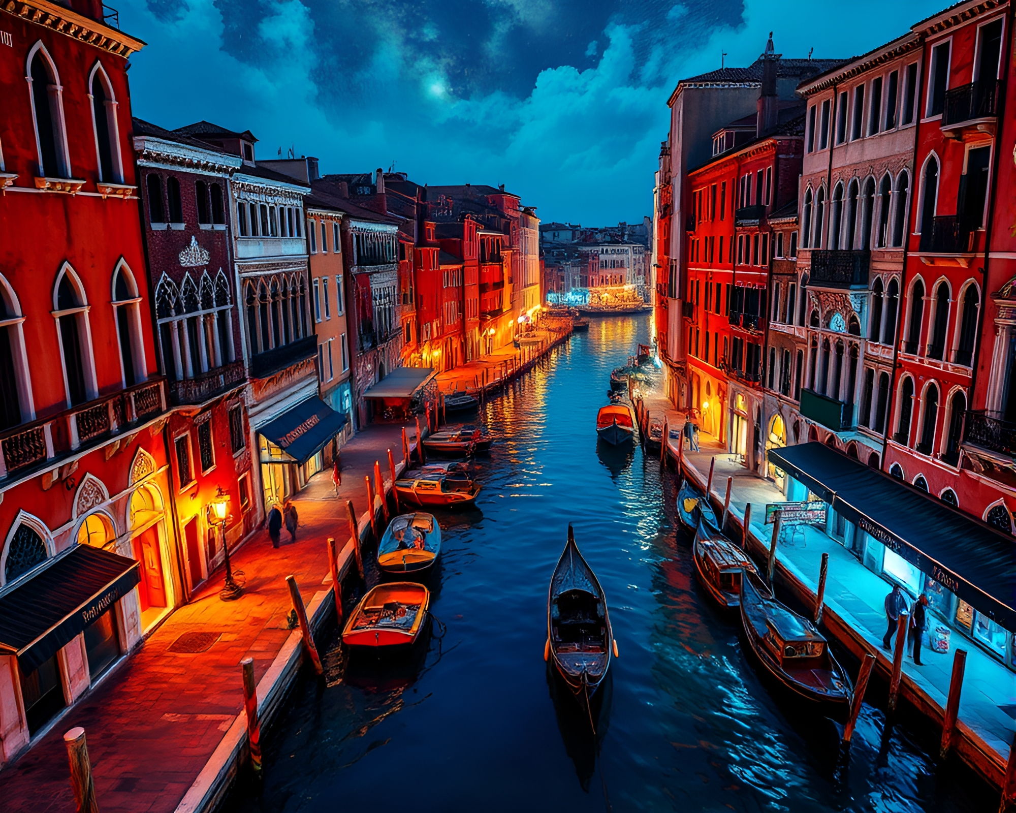 Venetian Canal at Fluorescent Glow: Bird’s Eye Action – free AI stock image