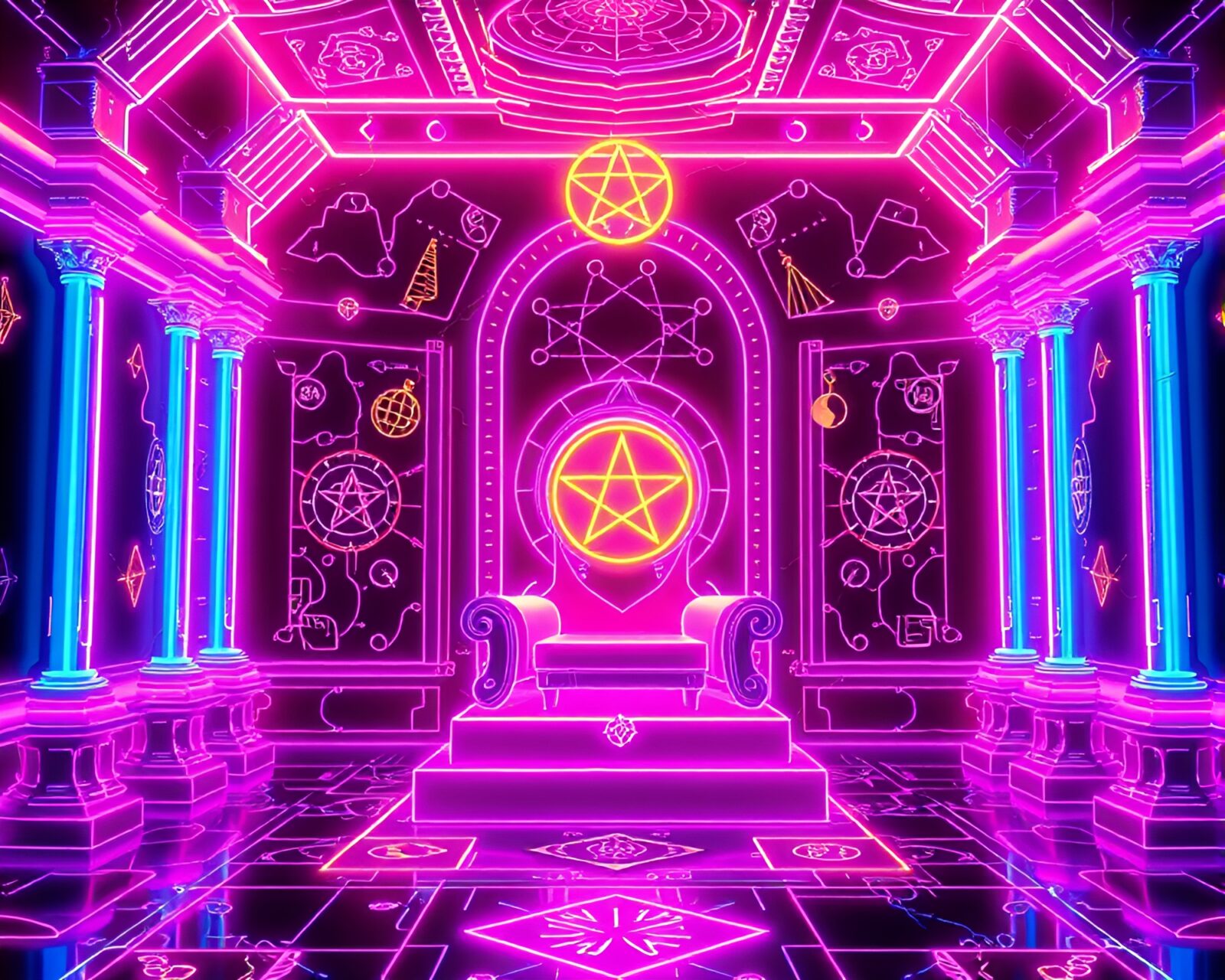Pastel drawing of alchemical symbols in neon wireframe throne room