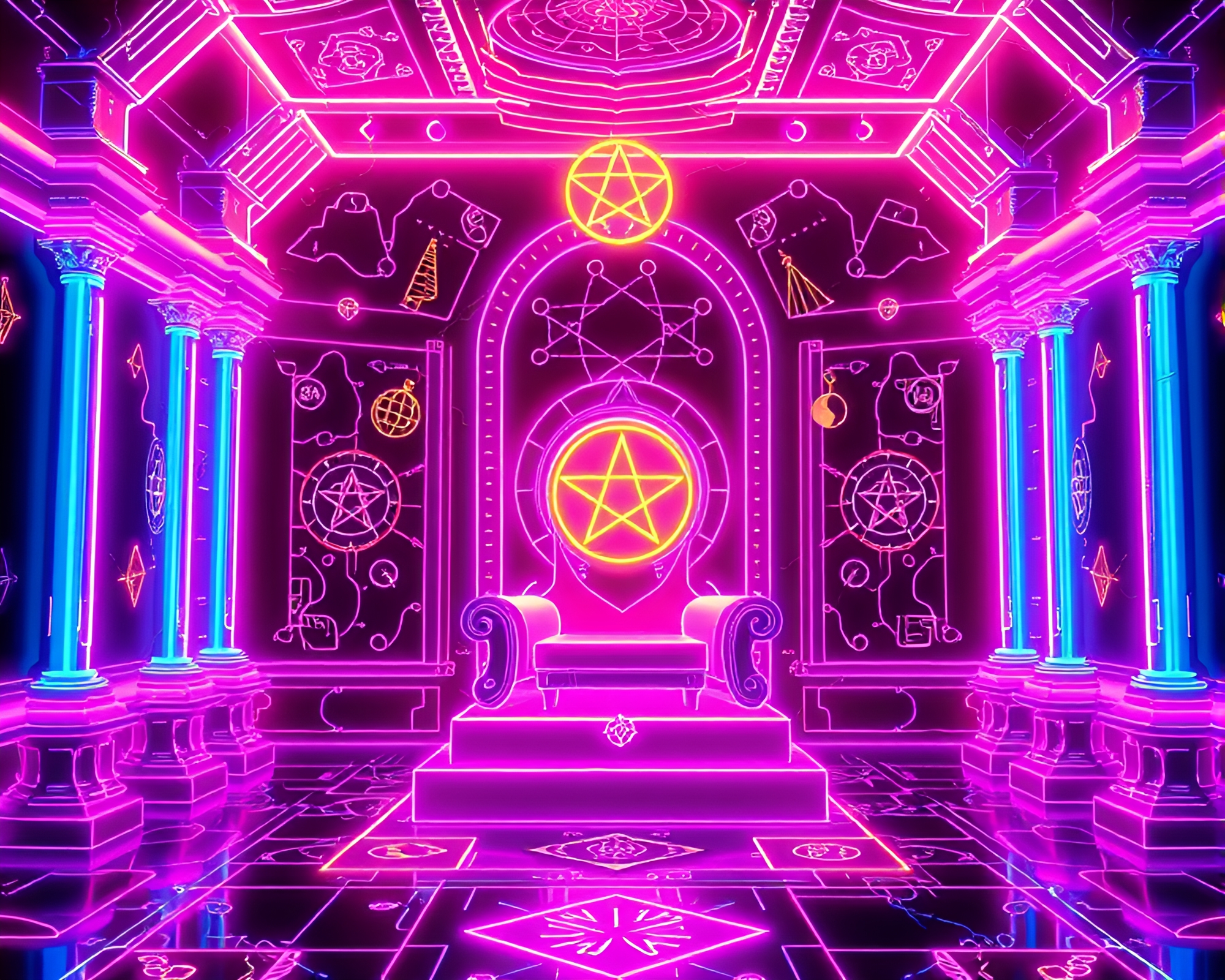 Neon Wireframe Alchemy Throne Room Glow Illustration – free AI stock image