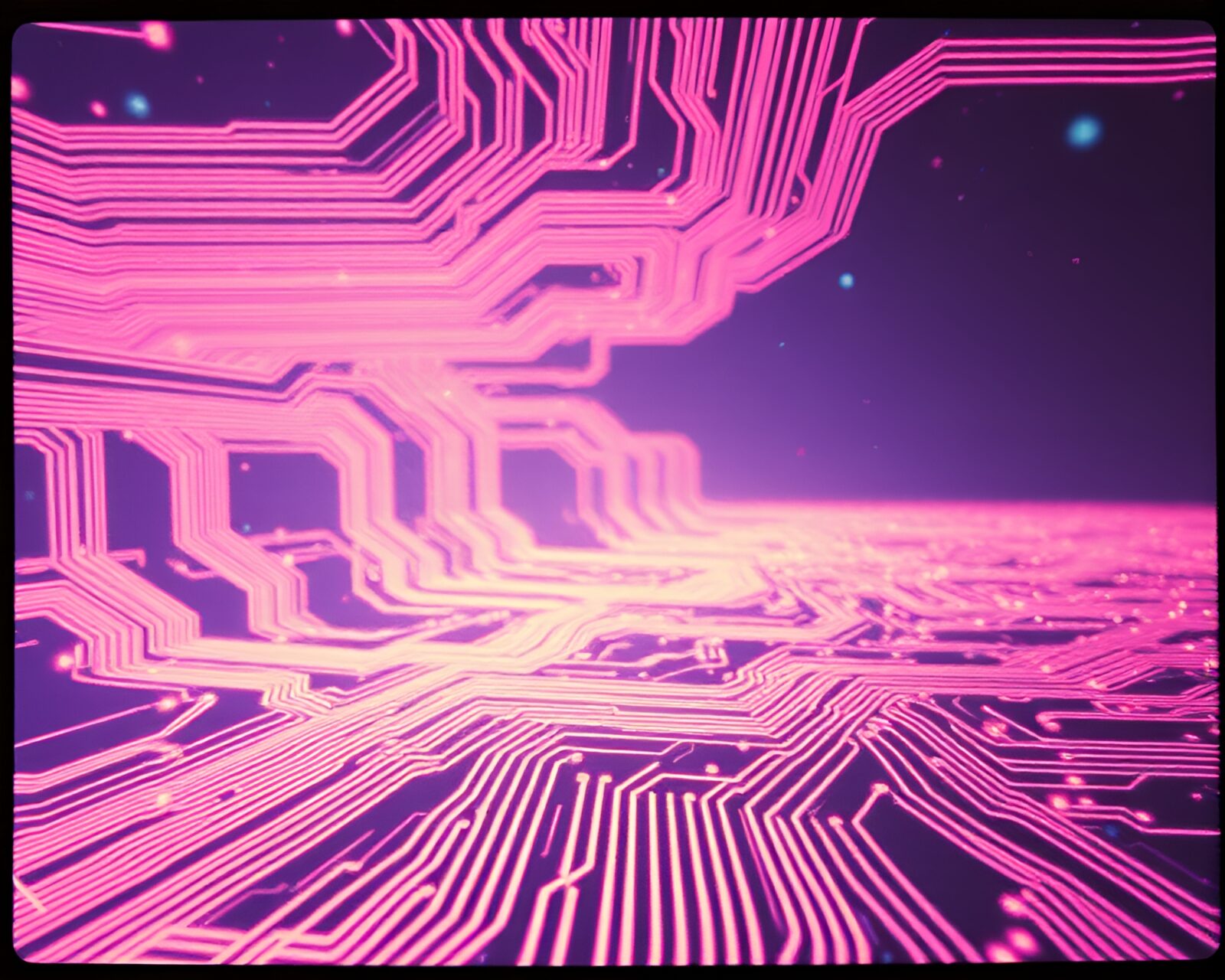 Ethereal figures amidst glowing circuit patterns in grainy film style