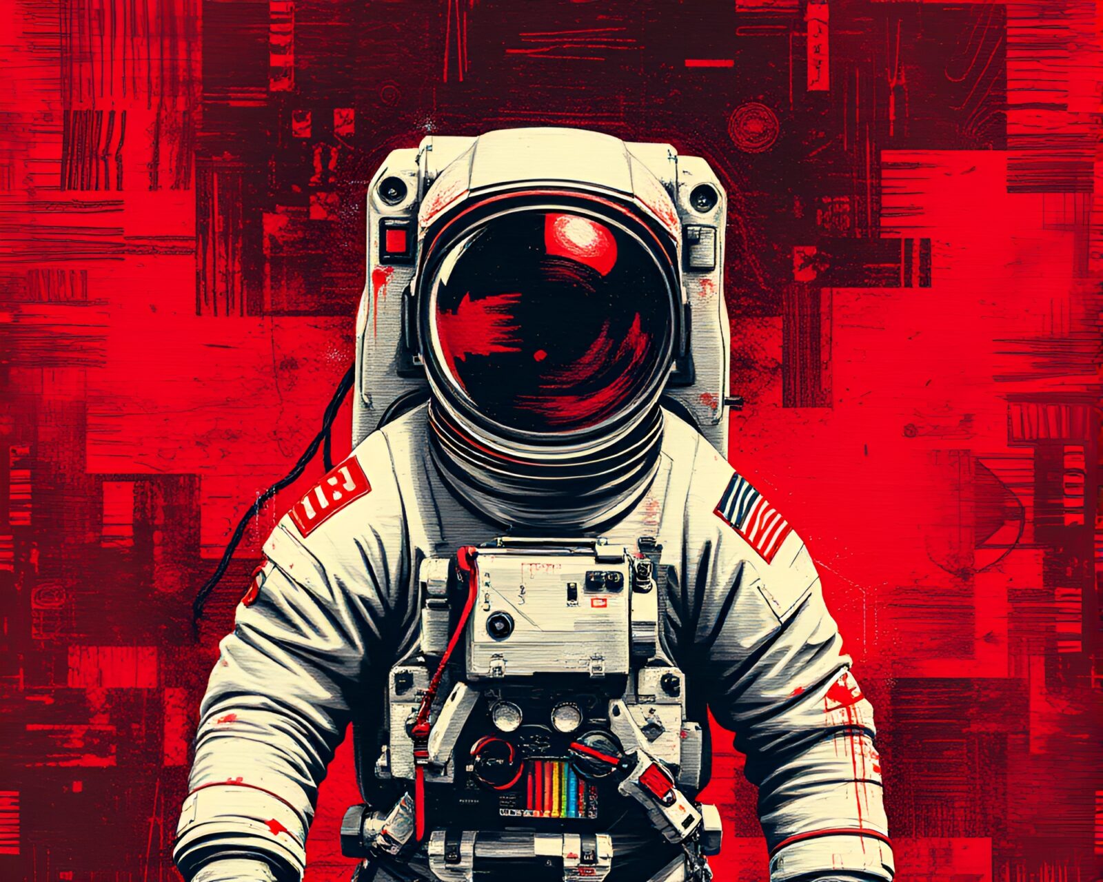 Astronaut surrounded by glitch artifacts in deep red hues