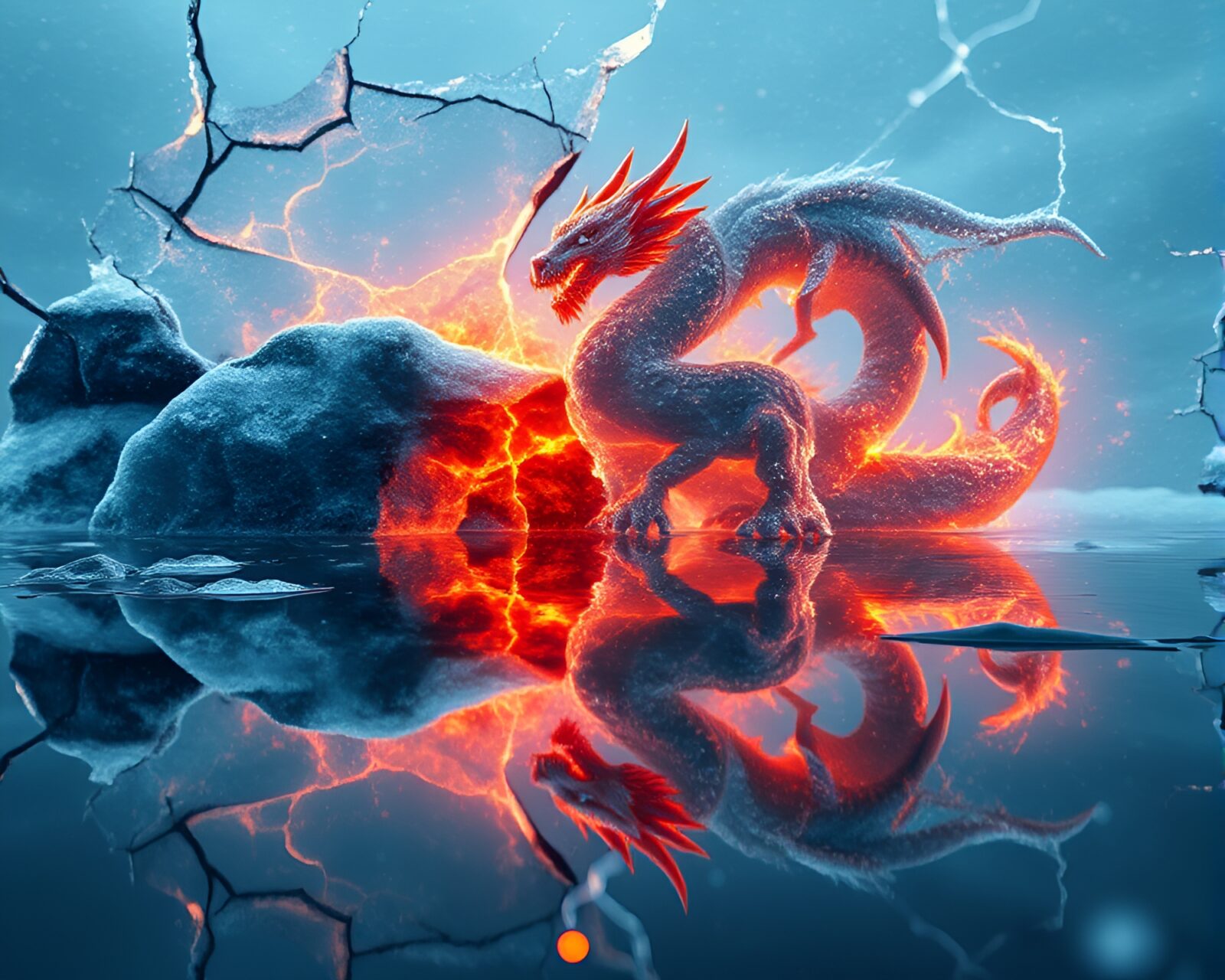 Fire-breathing dragon surrounded by icy reflections and data visuals
