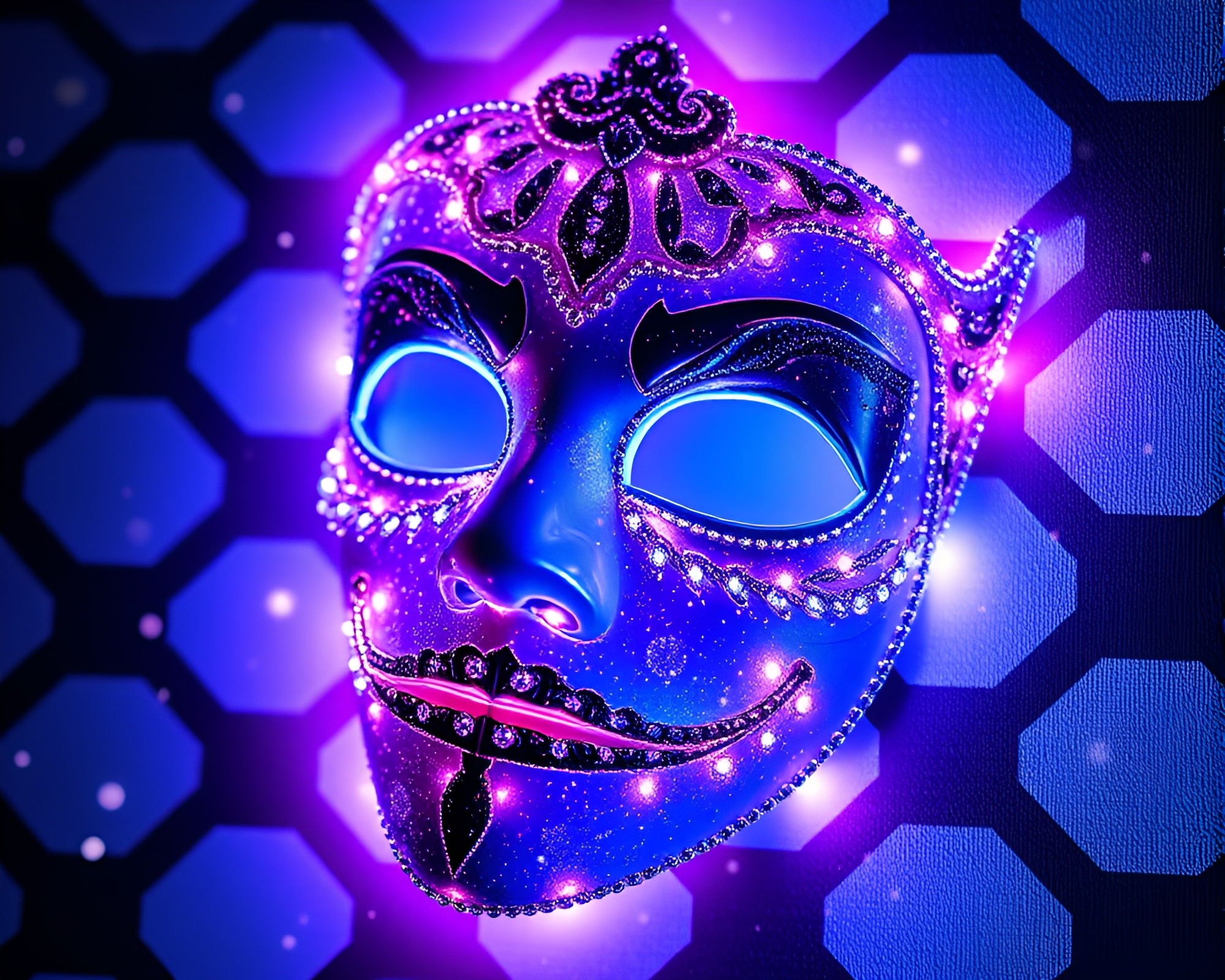Venetian Mask in Snow-Kissed Algorithmic Checkered Pattern – free AI stock image