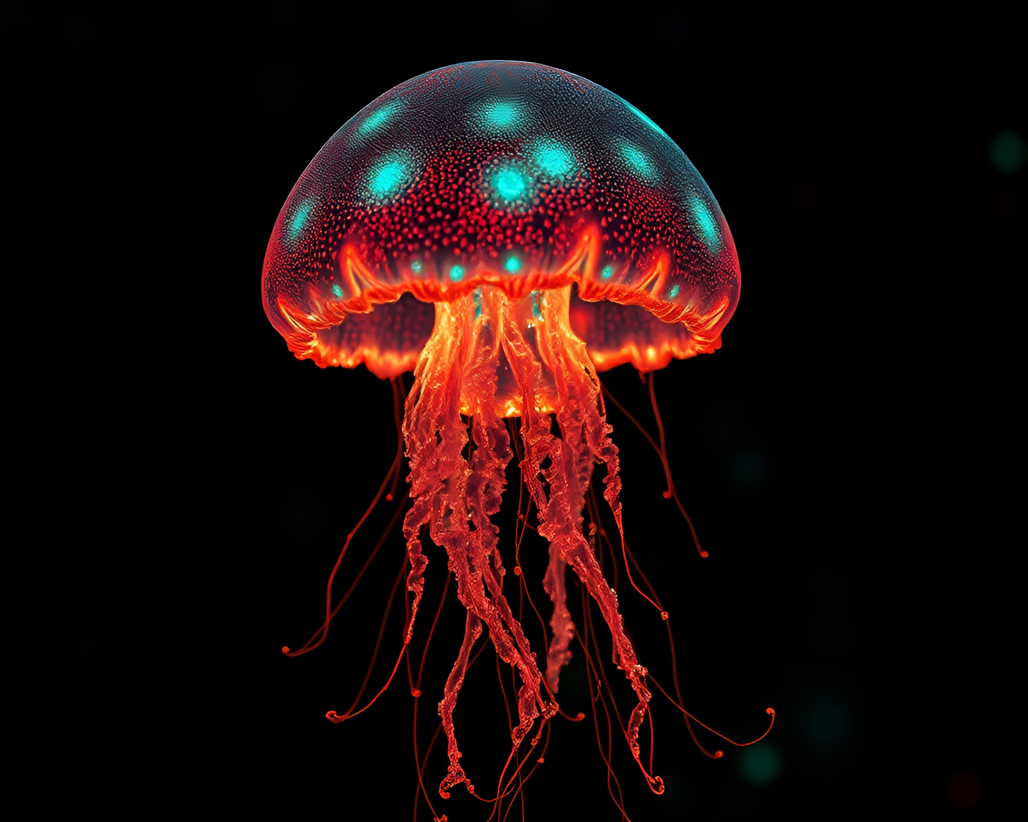 Bioluminescent Jellyfish Swarm in Copper Illumination – free AI stock image