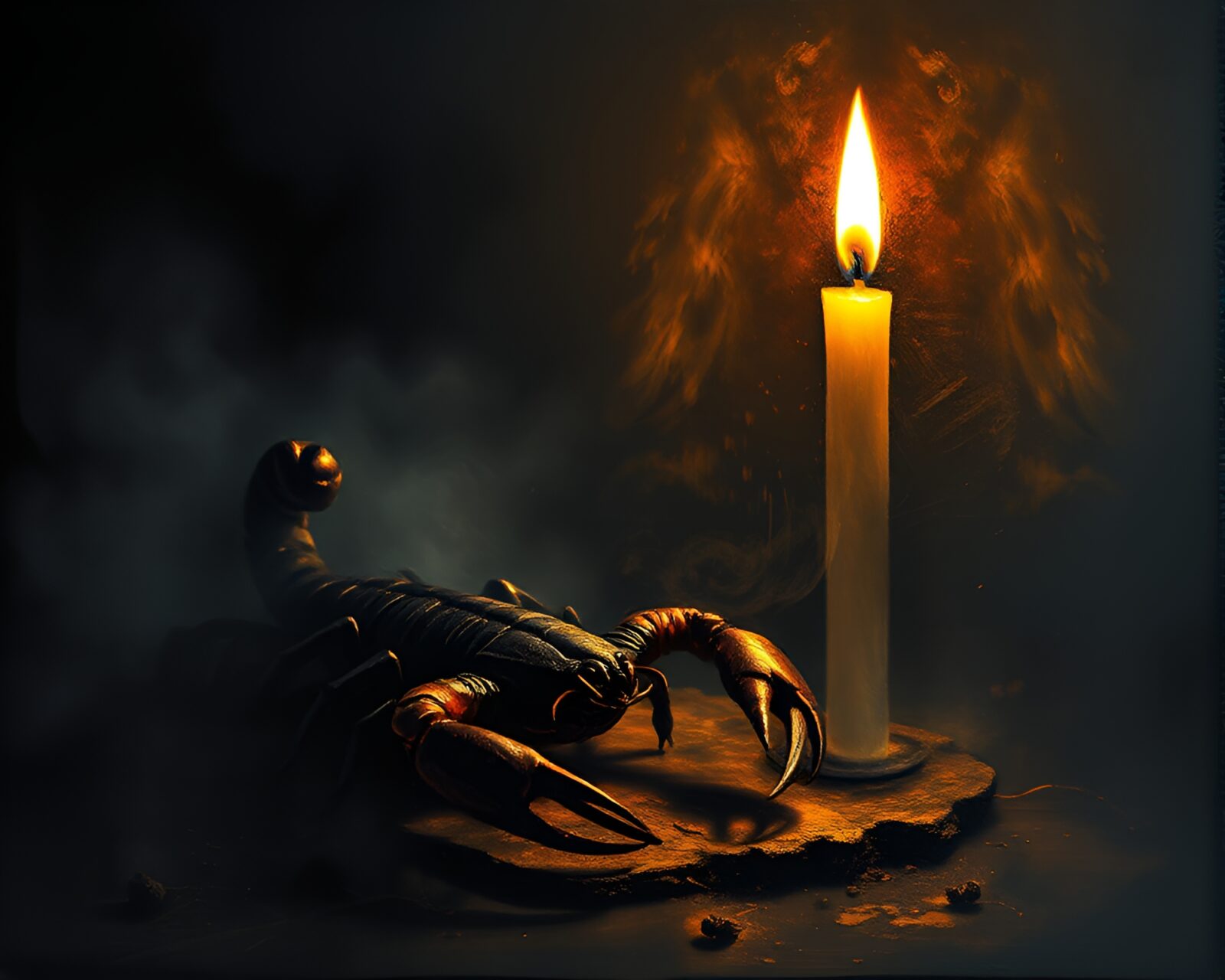 A detailed charcoal drawing of a fierce scorpion in soft candlelight.