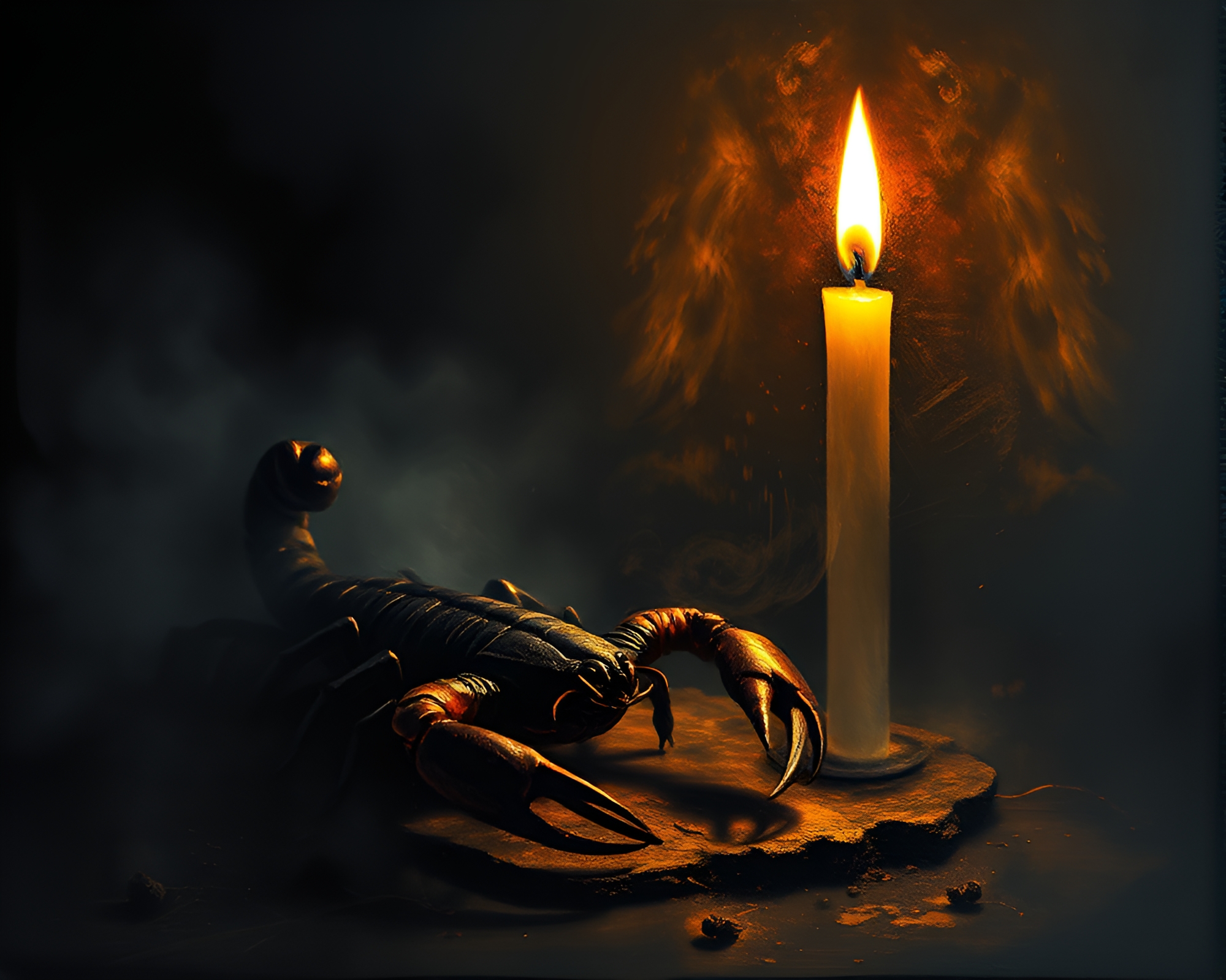 Scorpio in Charcoal: Intense Candlelit Painting – free AI stock image