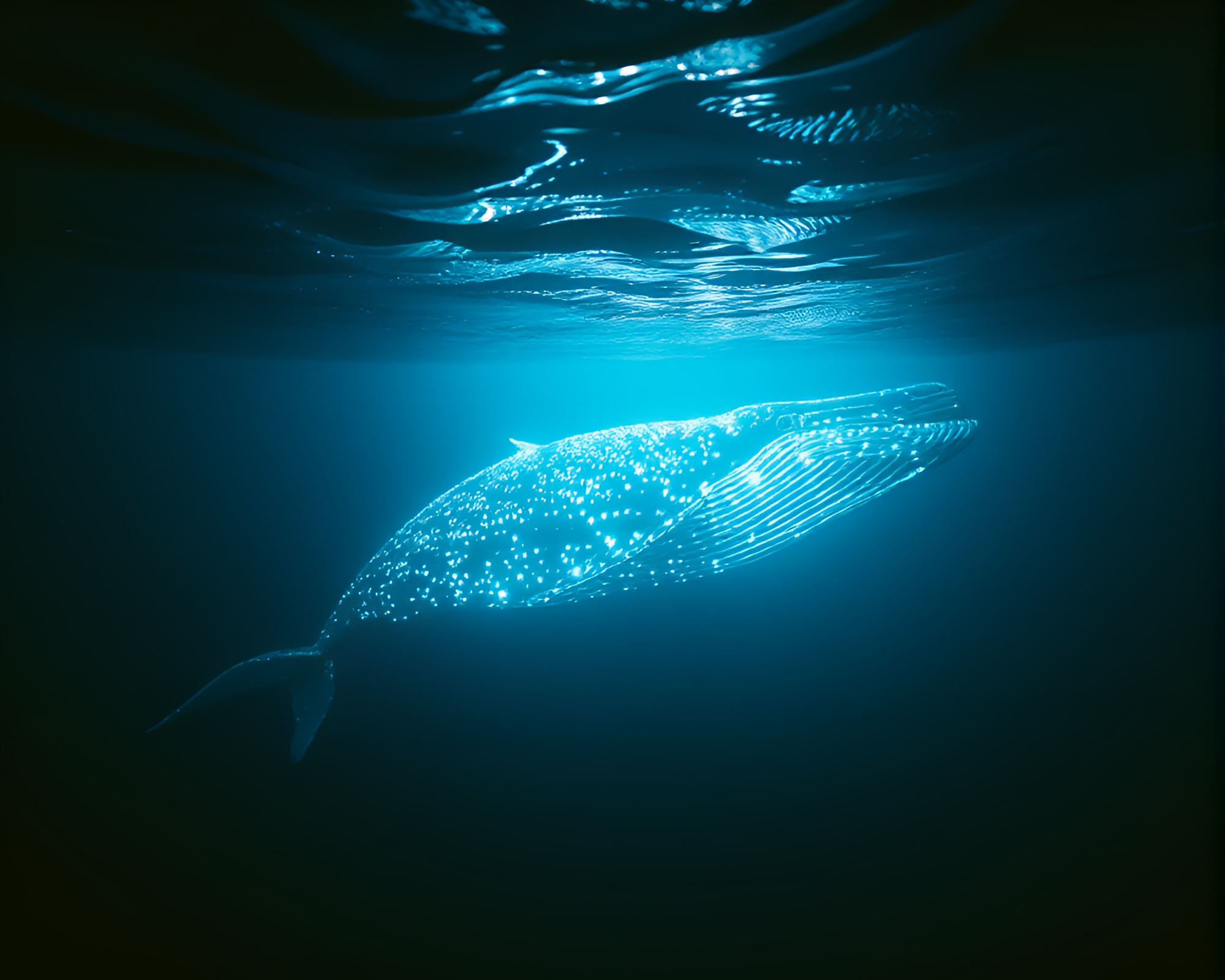 Whale swimming through torchlit op art film burns – free AI stock image