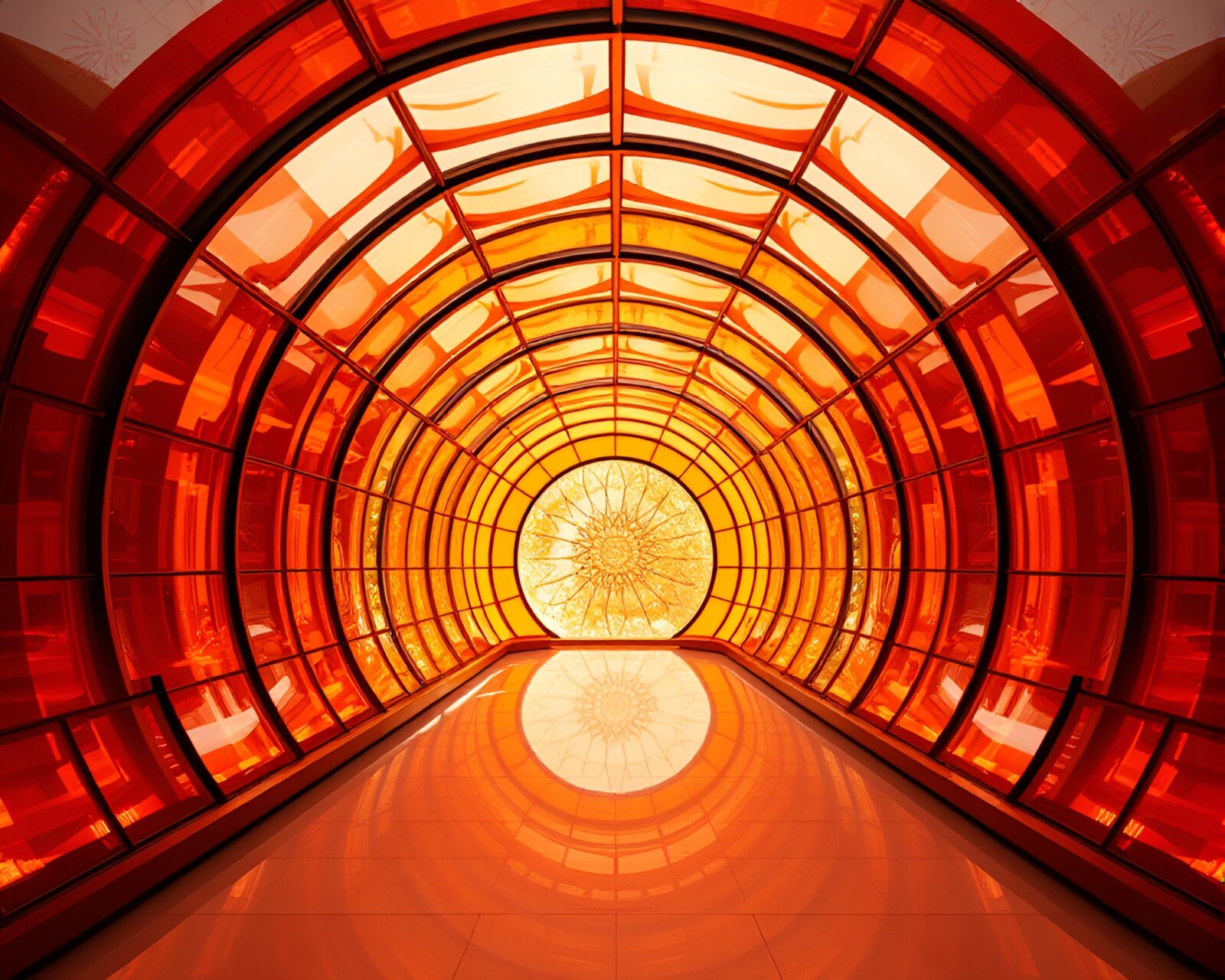 Burnt orange-lit tunnel with intricate symmetrical patterns.