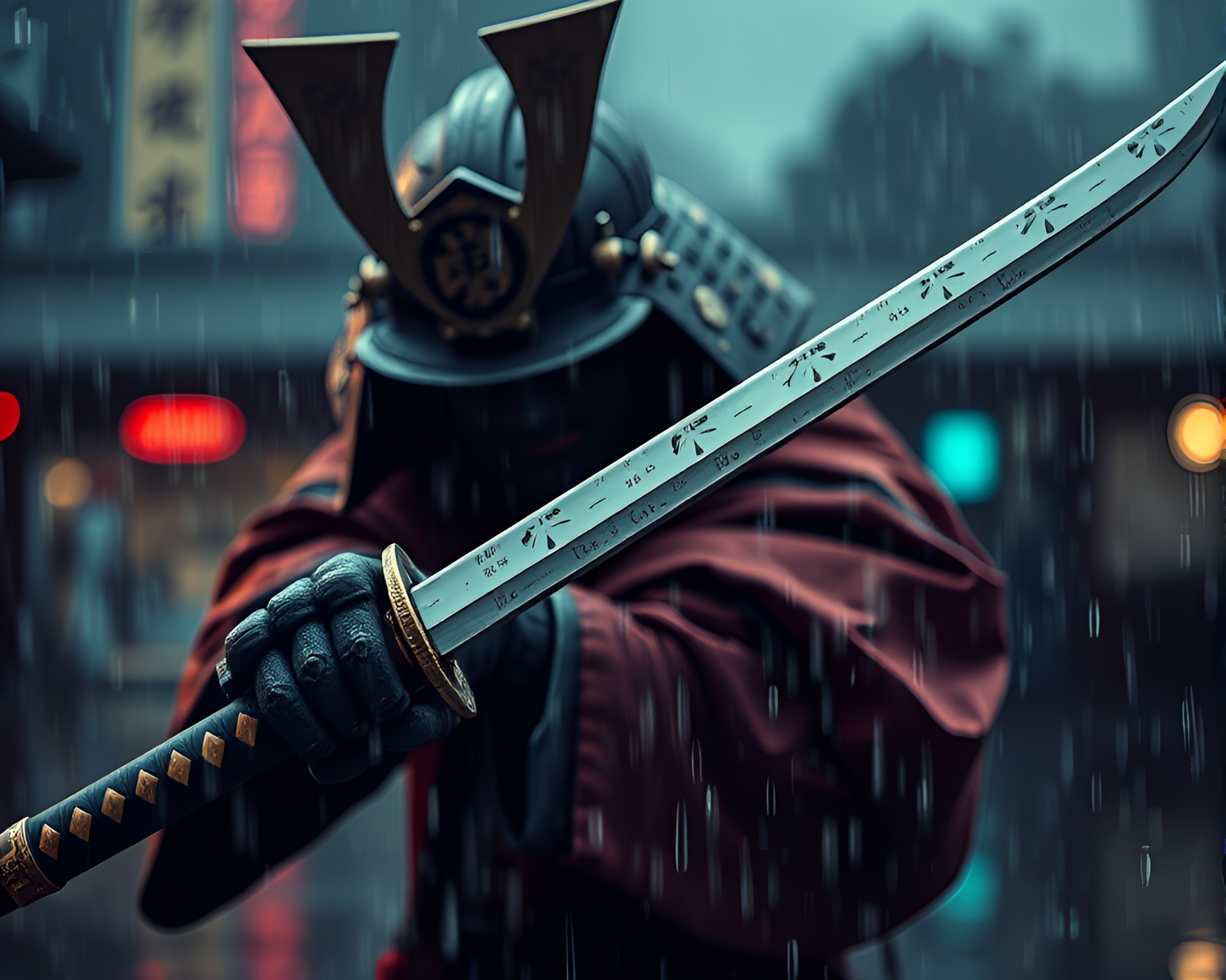Samurai in the Rain: Selective Focus Editorial Illustration – free AI stock image