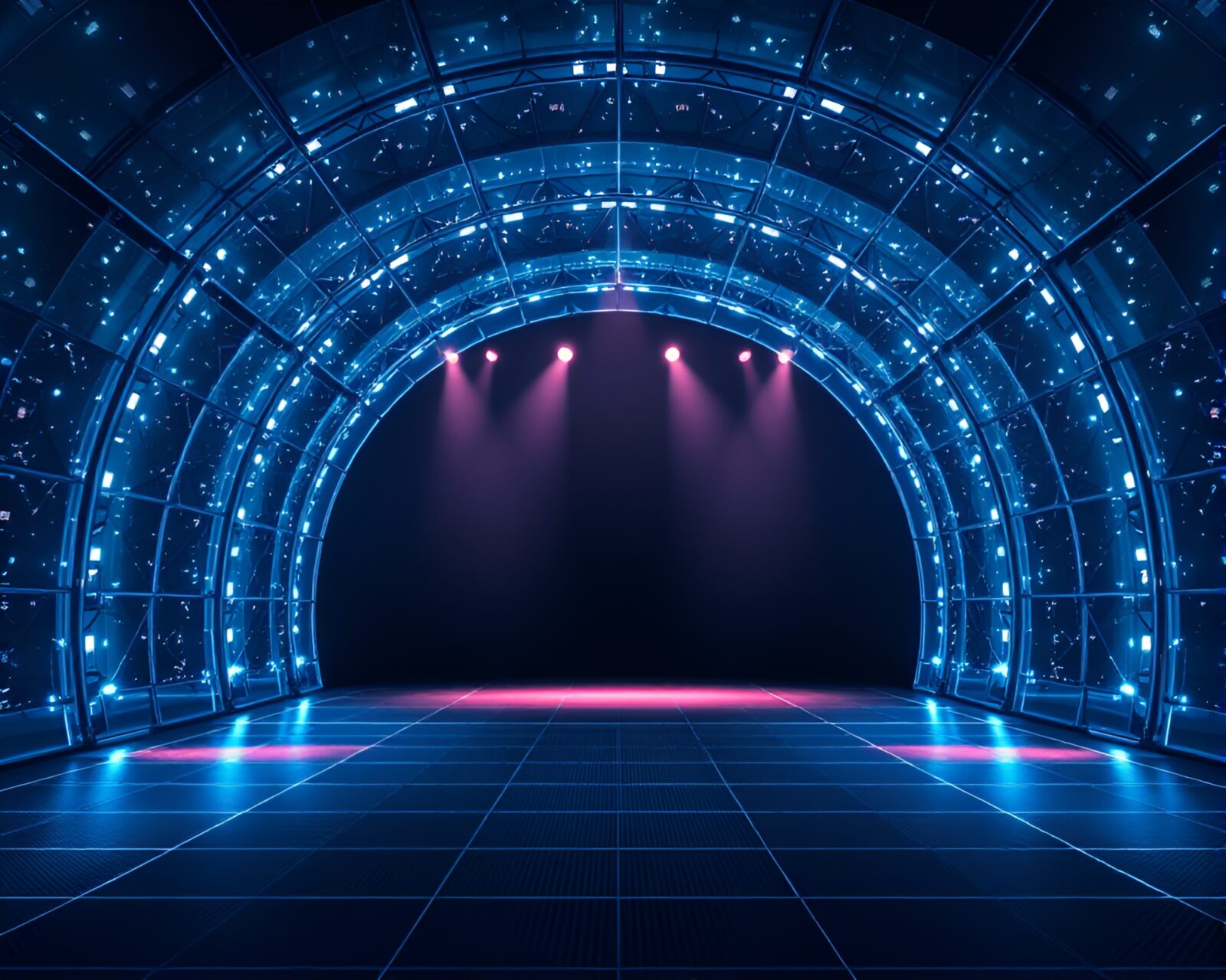 Futuristic music venue with dazzling wireframe lights and glass tunnel