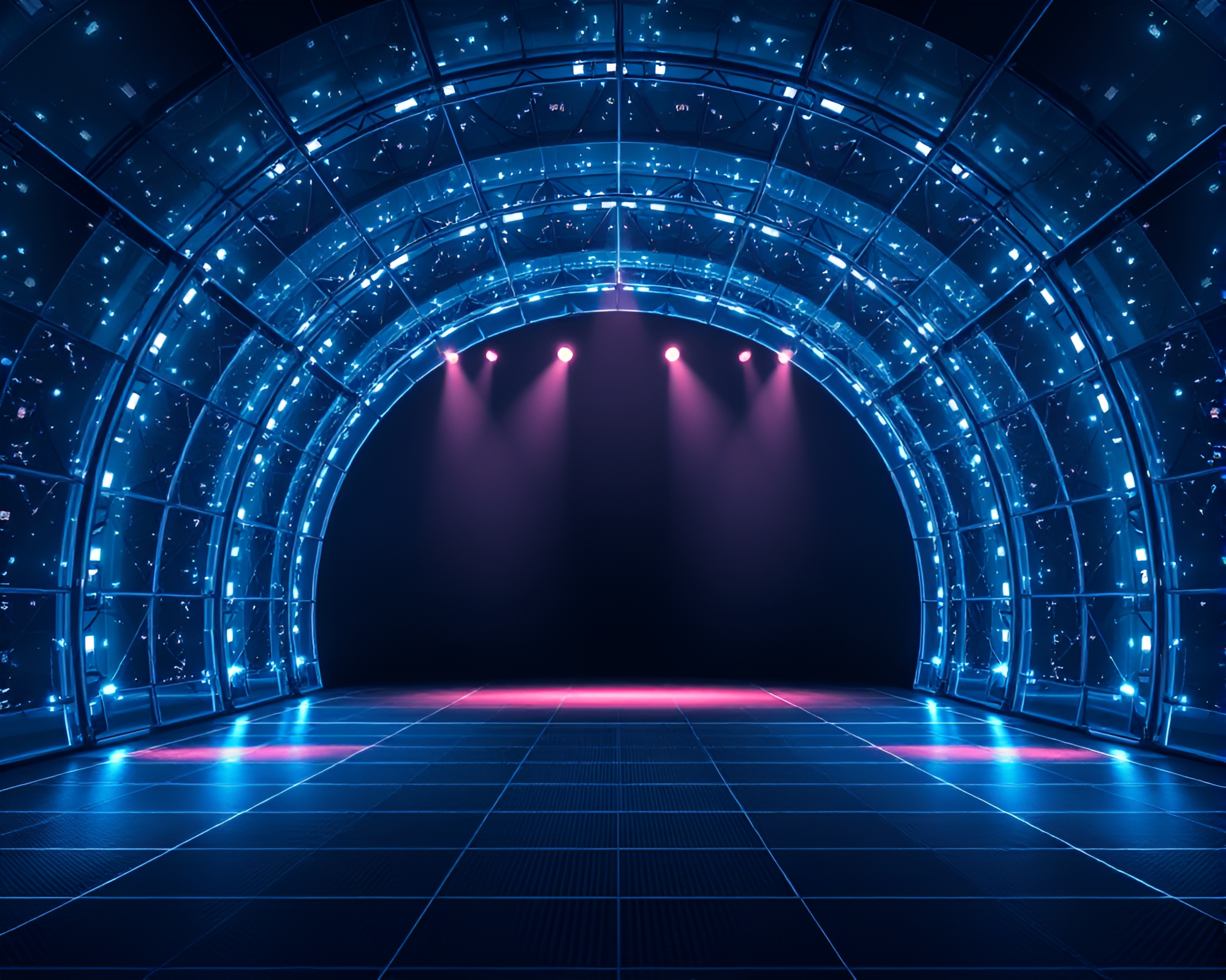 Glass Tunnel Concert Stage Lights Wireframe Render – free AI stock image