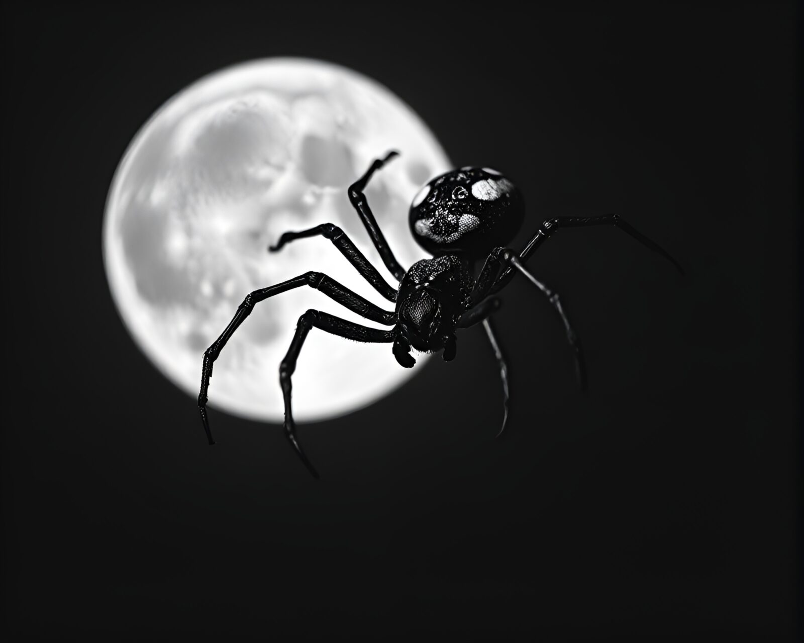 Stipple-shaded mechanical spider crawling on a desolate moon