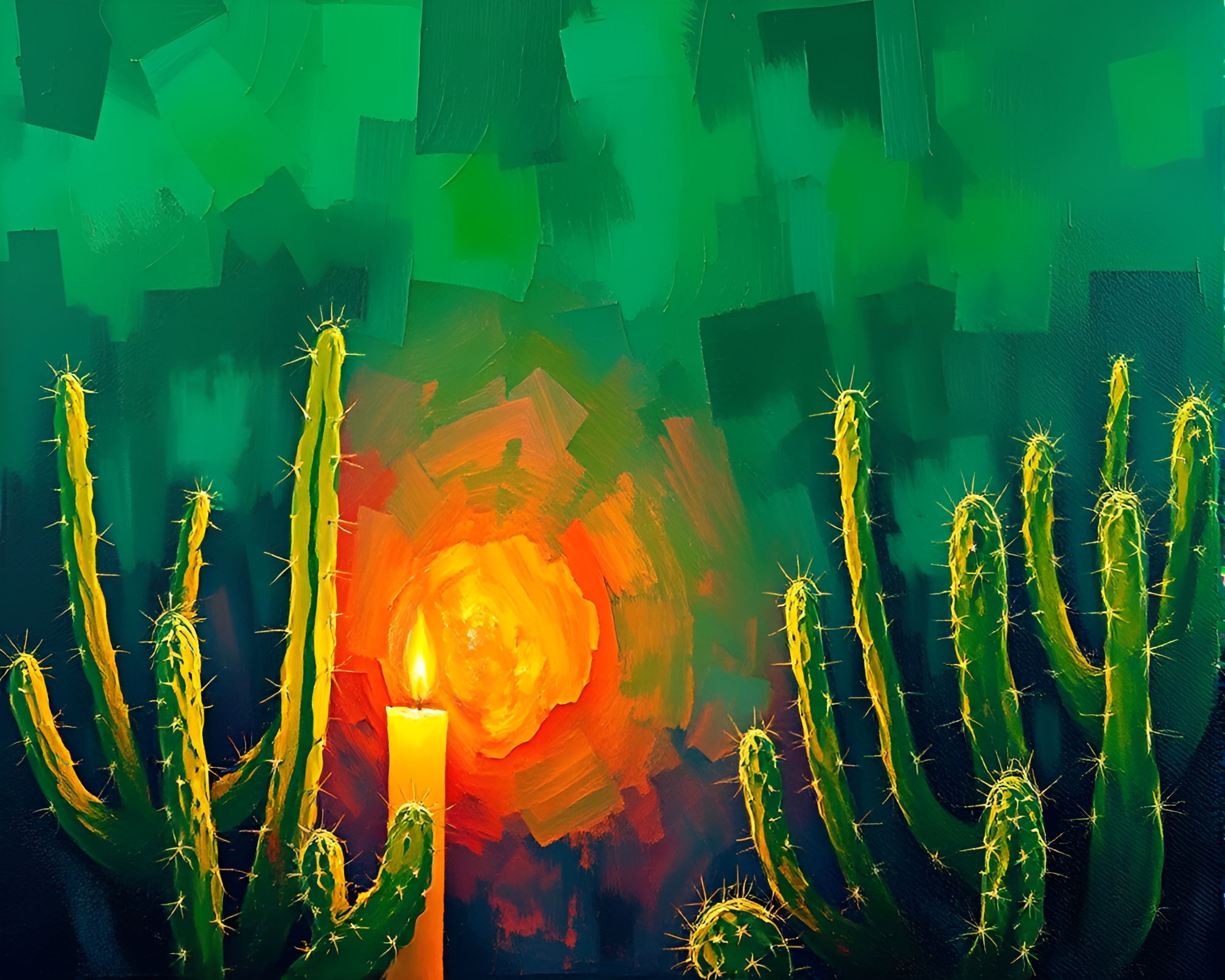 Neon Cactus Oasis: Impasto Candlelit Scene – free AI stock image