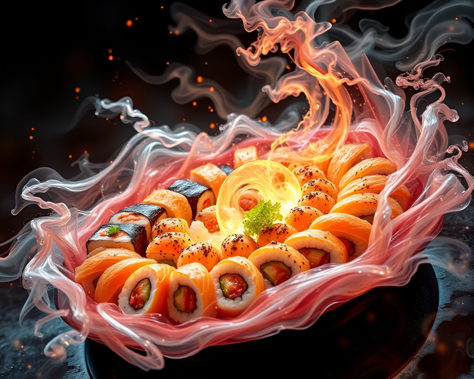 Swirling vortex of sushi with intricate dystopian style