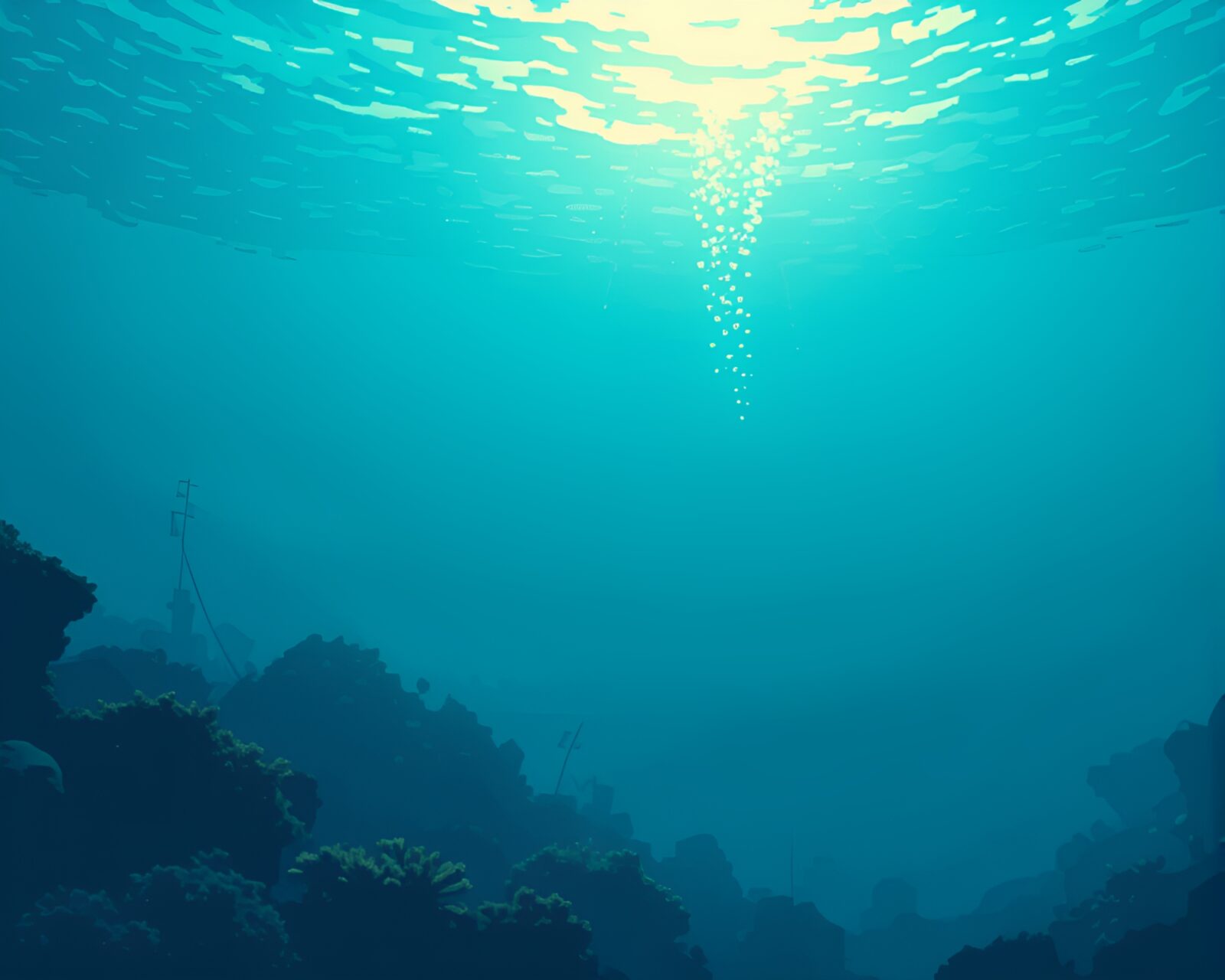 Pixelated light shines on an underwater submarine in vignette