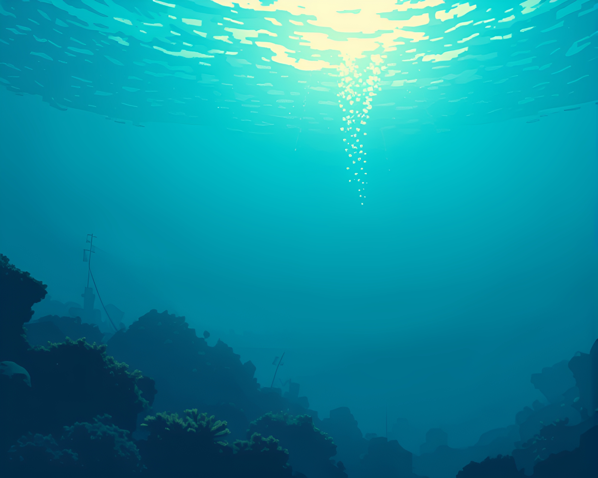 Surreal Pixelated Submarine Underwater Vignette Art – free AI stock image