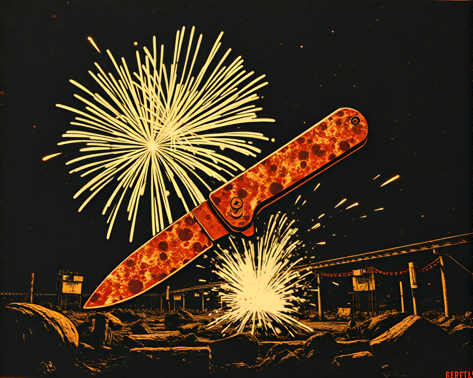 Rusty Pocketknife Glowing with Festival Fireworks Patina – free AI stock image