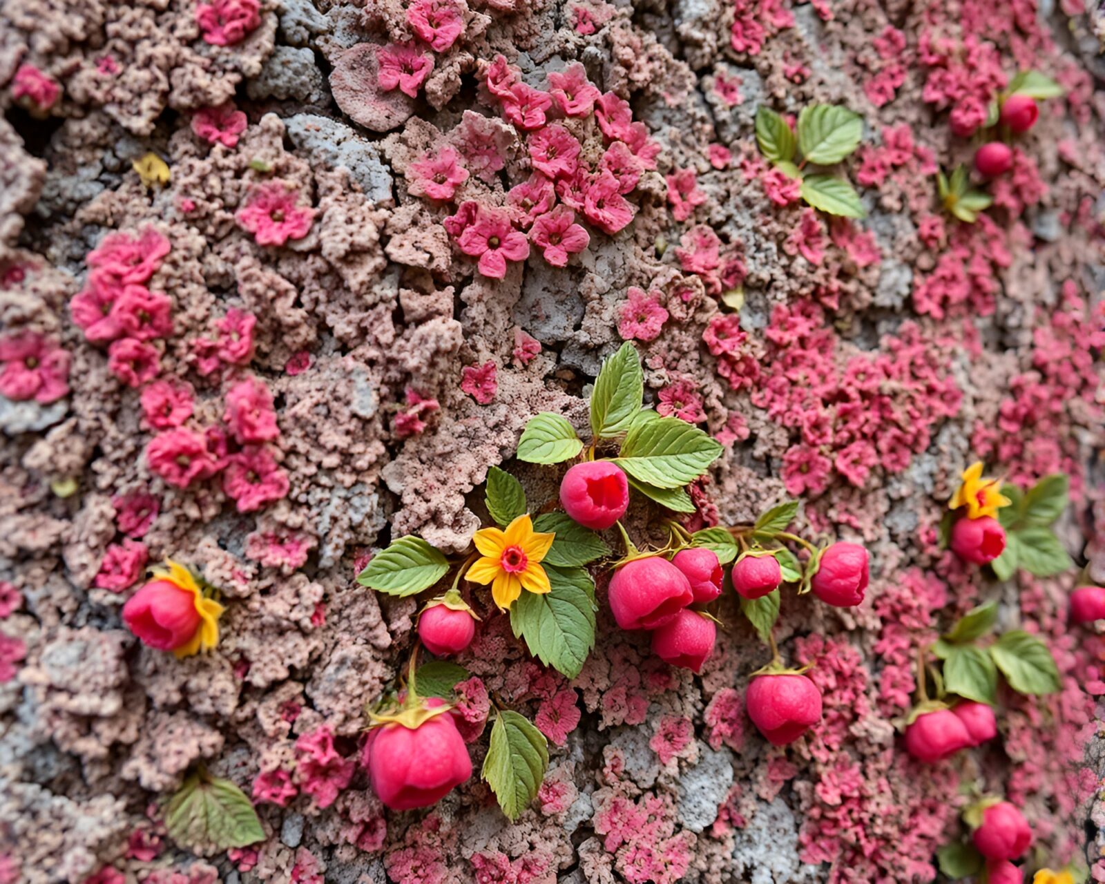 Brightly colored mural of raspberries with lichen-like textures