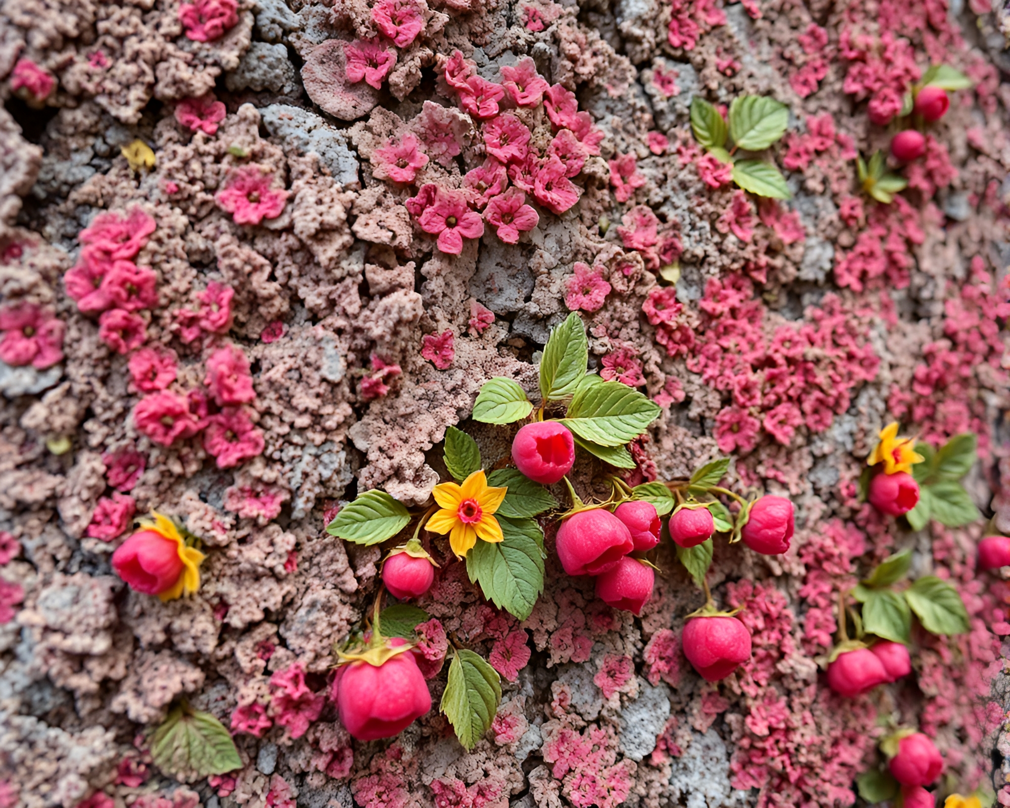 Vibrant Raspberry Bush Mural with Lichen Textures – free AI stock image
