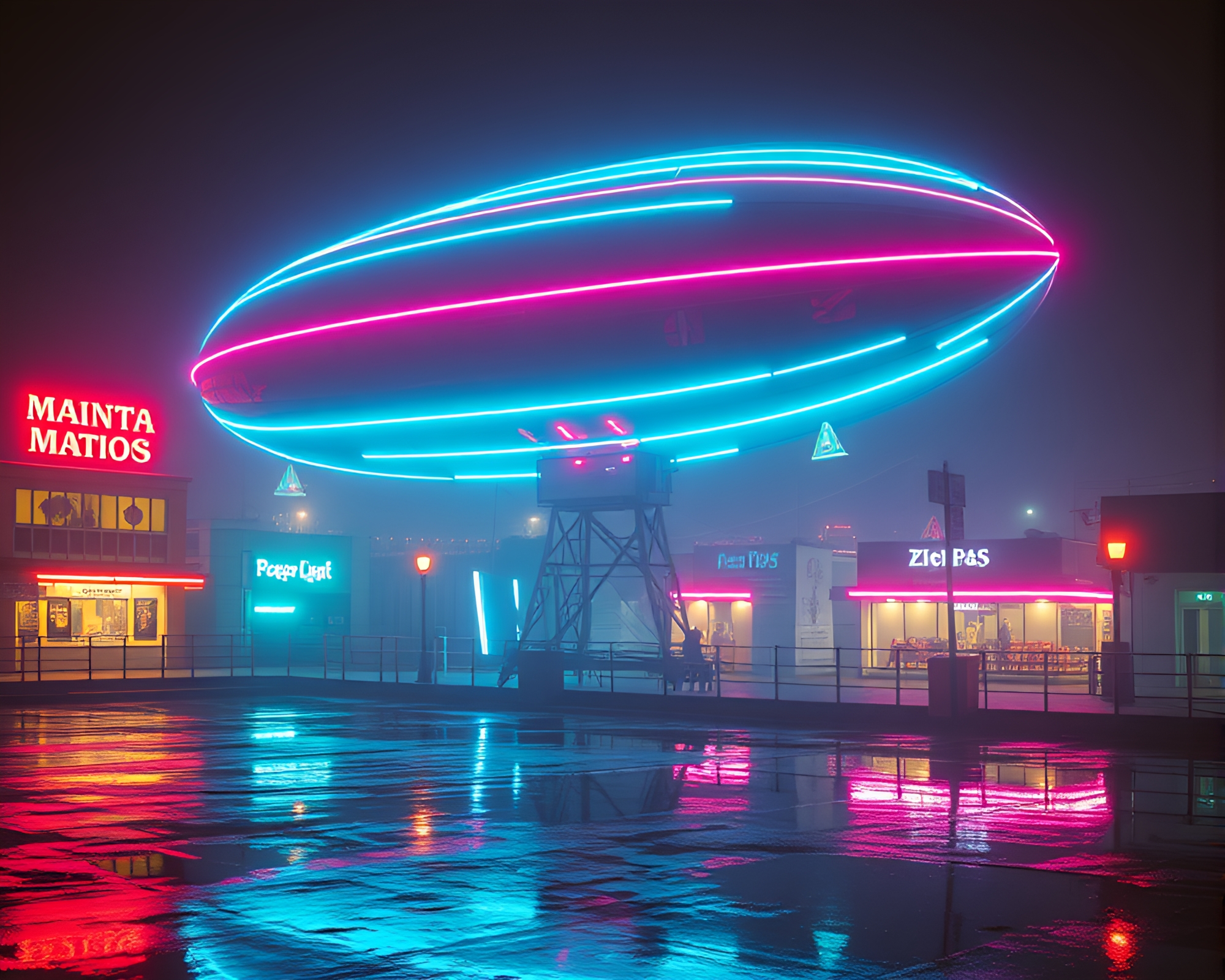 Neon Zeppelin Glowing in Muted Pastels – free AI stock image