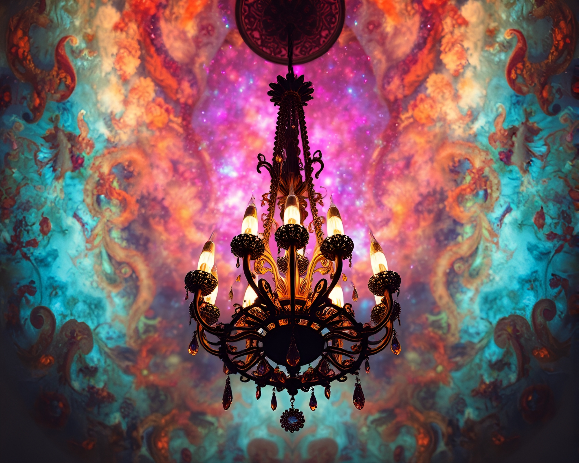 Glimmering Victorian Nebula Chandelier – Glitch Art Creation – free AI stock image