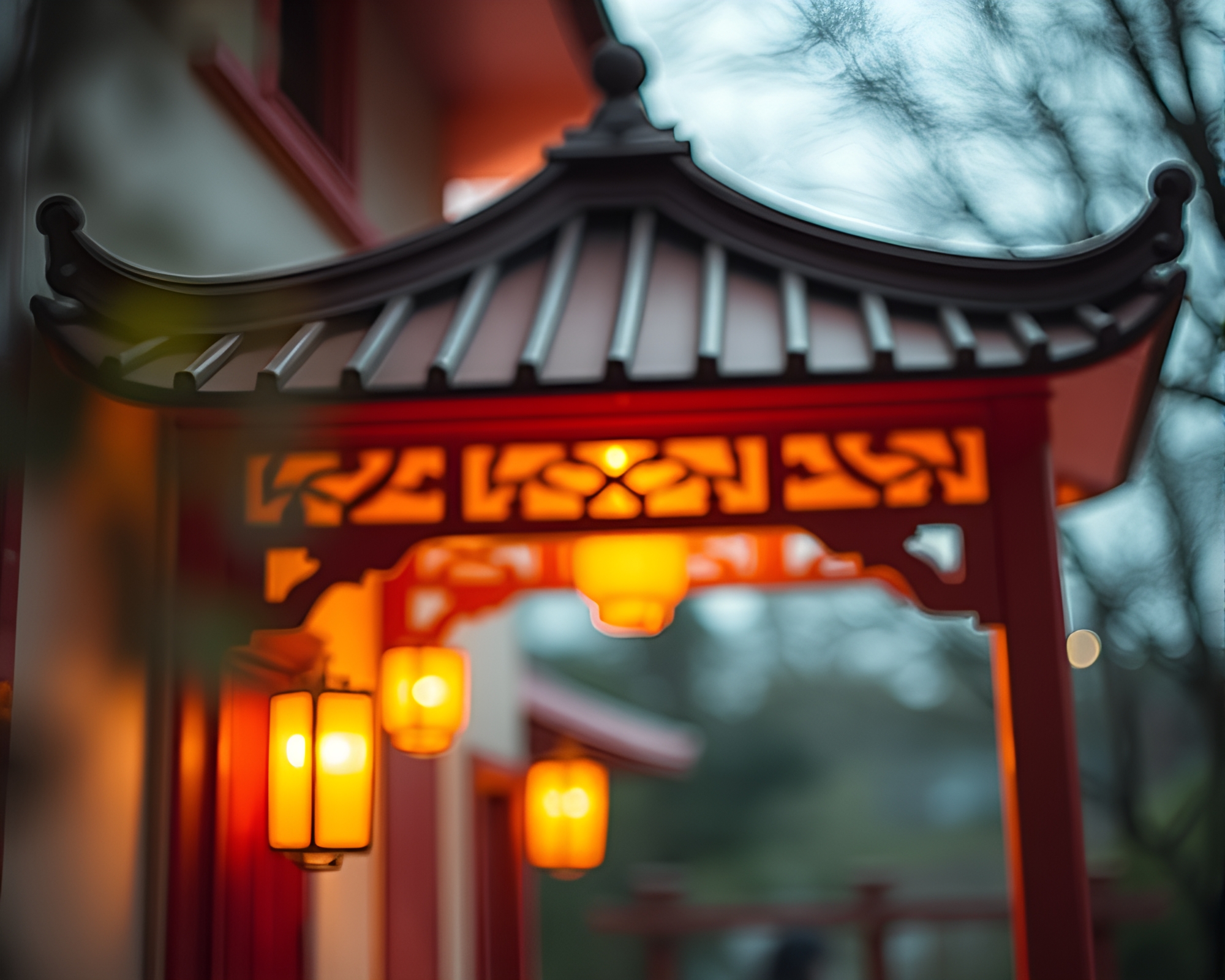 Serene Temple Porch Illuminated by Origami Lanterns – free AI stock image