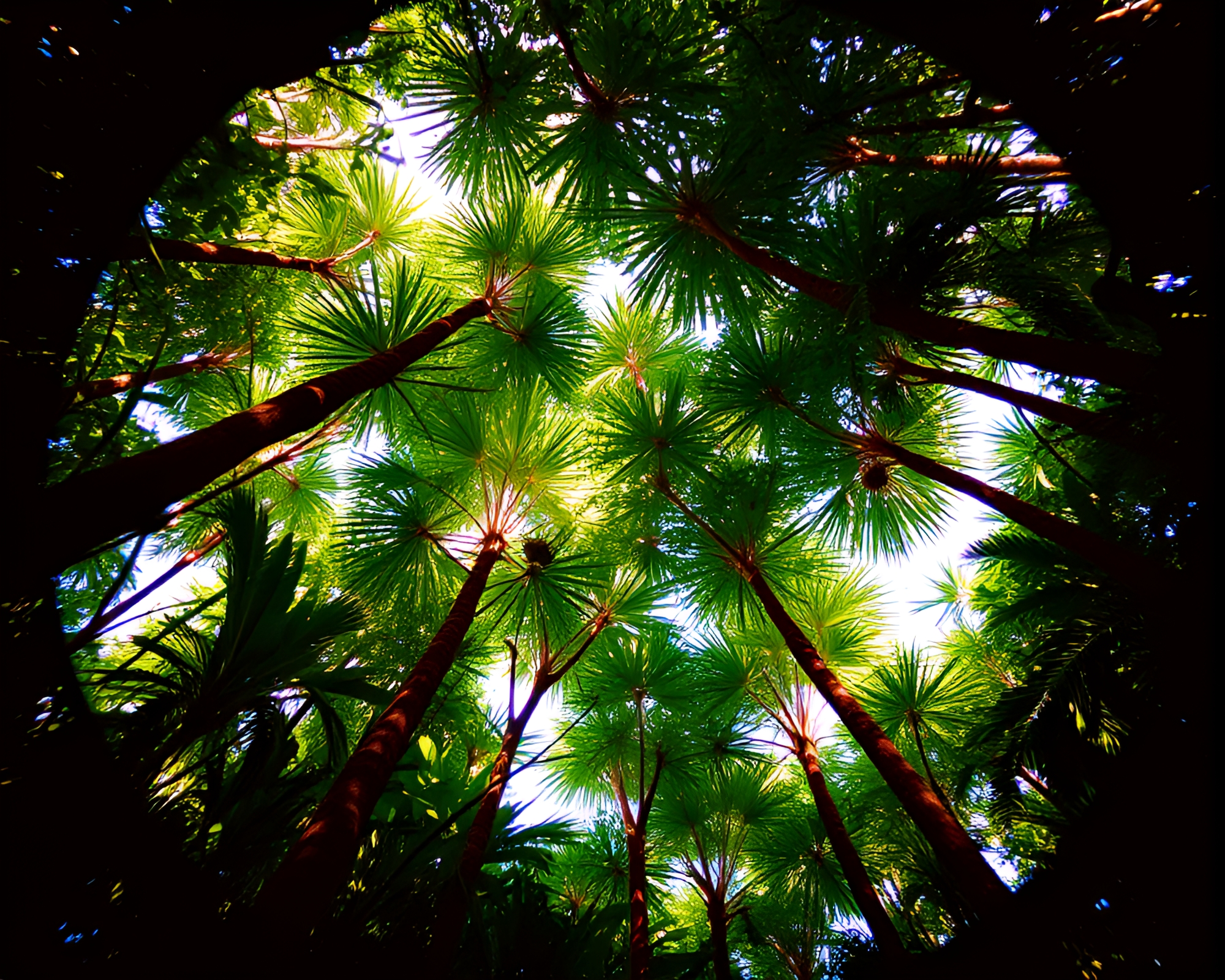 Film sprocket holes kaleidoscope in jungle canopy shade – free AI stock image