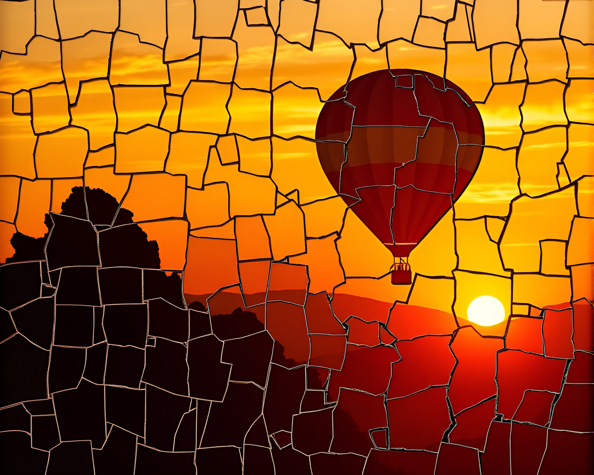 Sunset Orange Hot Air Balloon Mosaic Art – free AI stock image