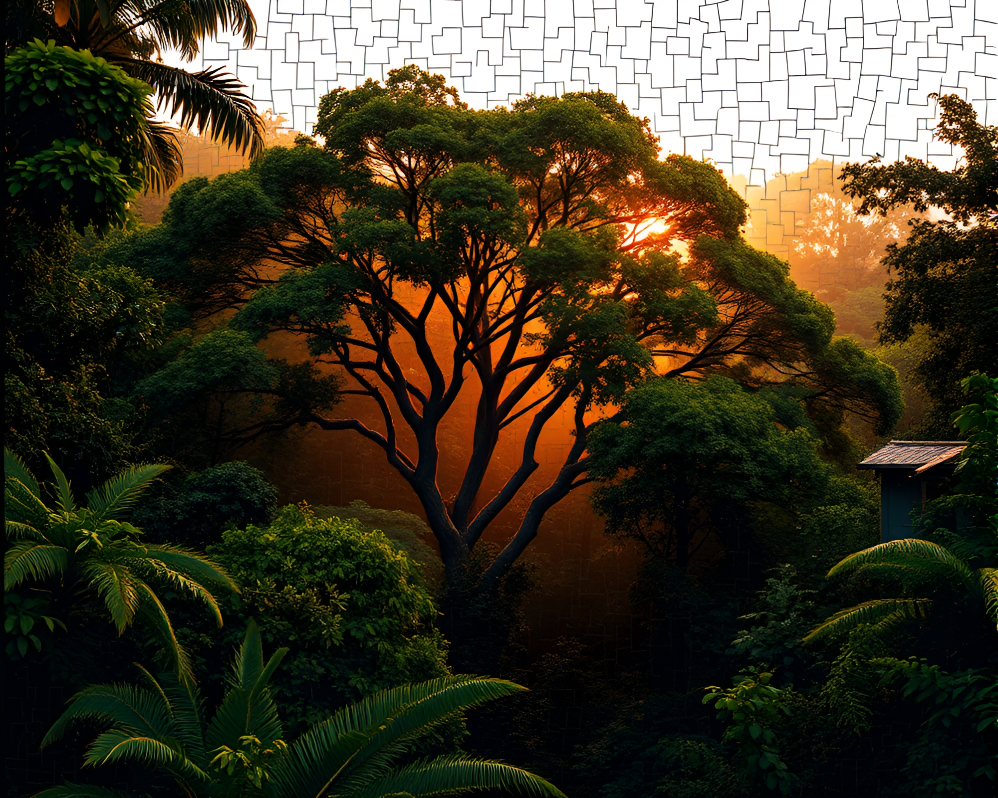 Canopy Fragments: Golden Hour Rainforest Mosaic – free AI stock image