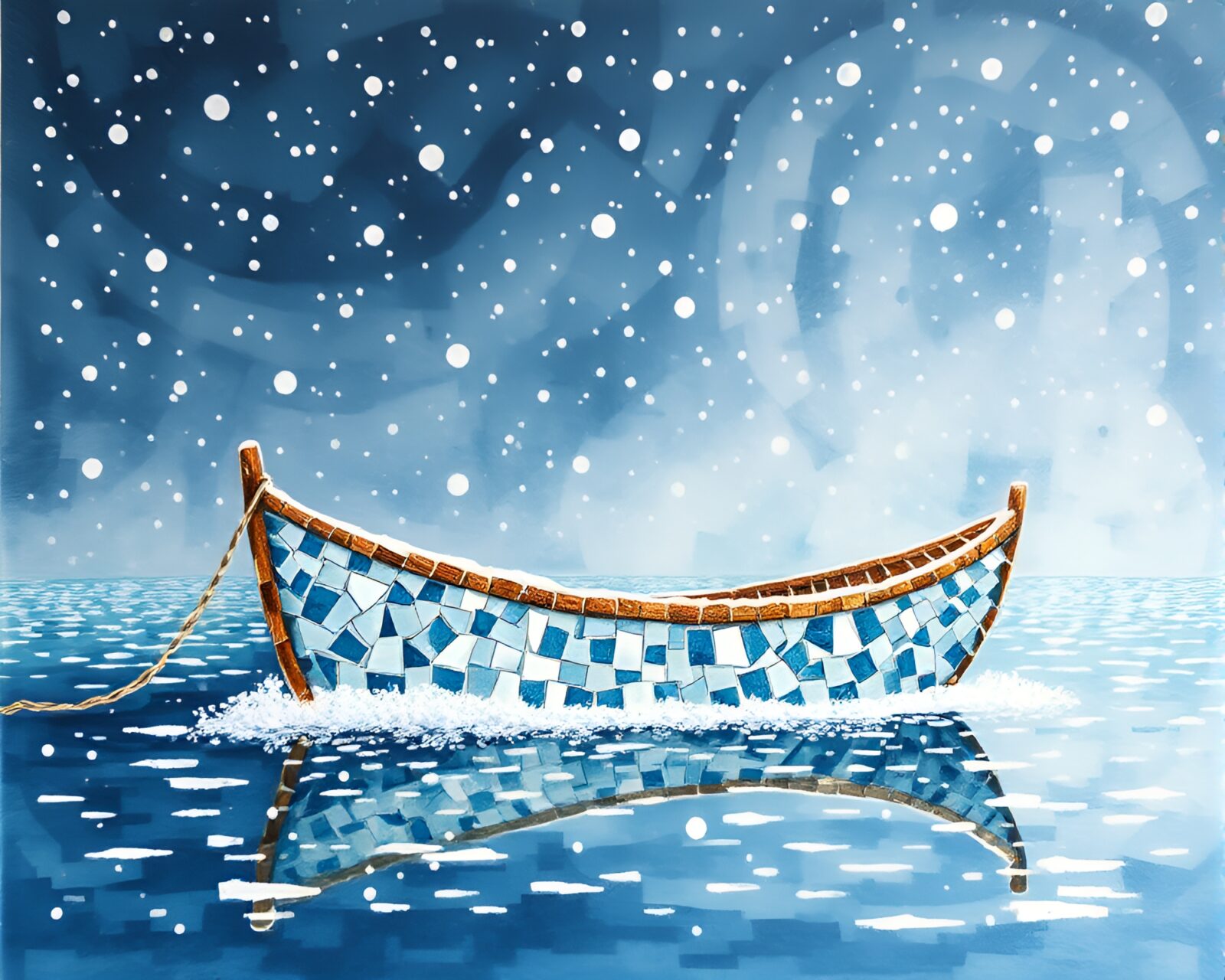 Elegant hydrofoil boat in a snowy, ink wash setting