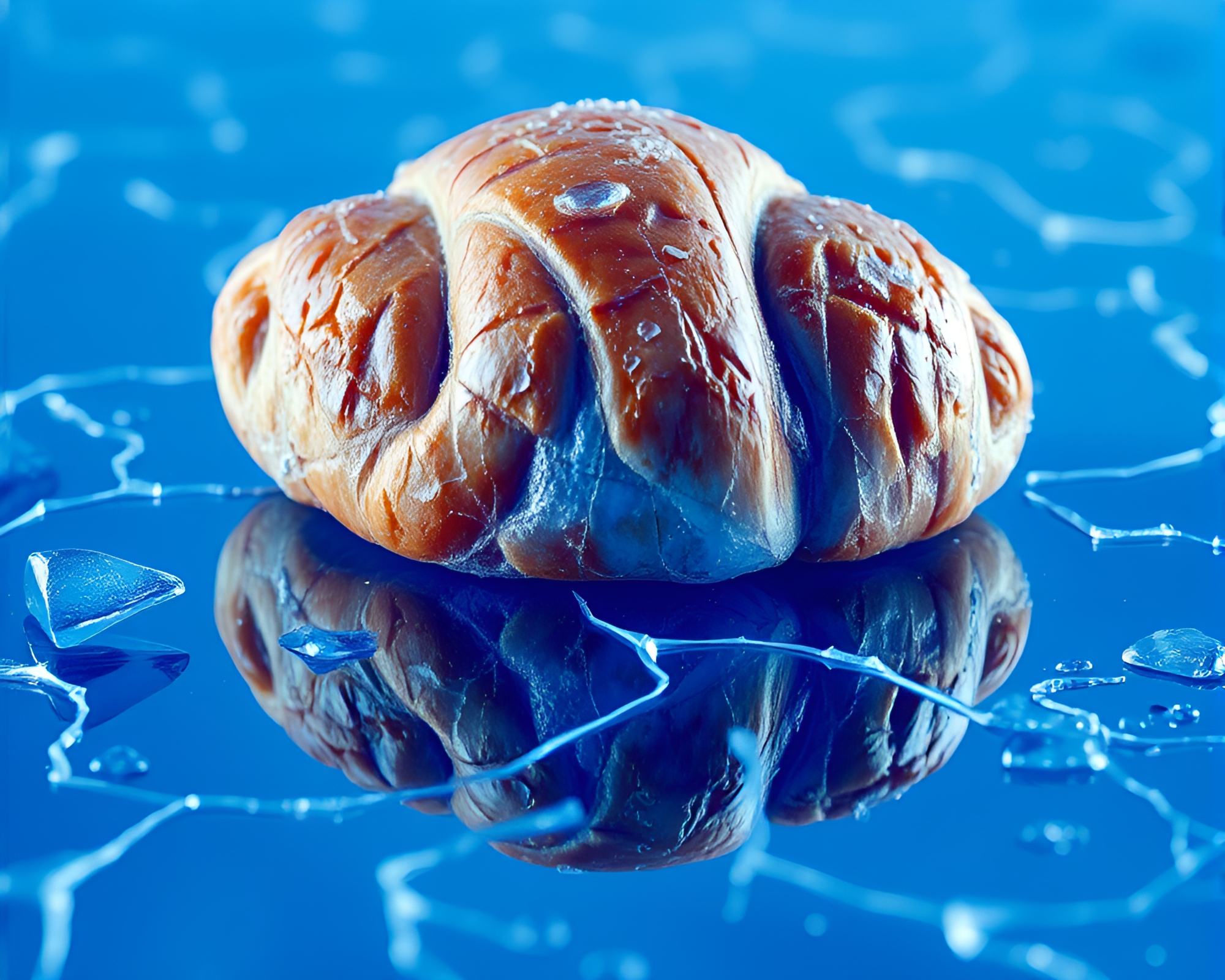 Stereoscopic Croissant Over Ice Crack with Cobalt Blue Hue – free AI stock image