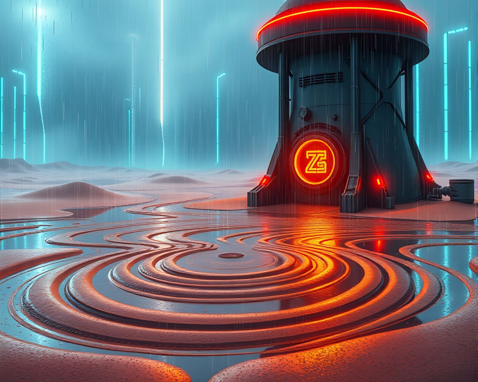 Illustration of a futuristic reactor surrounded by swirling sand patterns in rainy cyberpunk setting