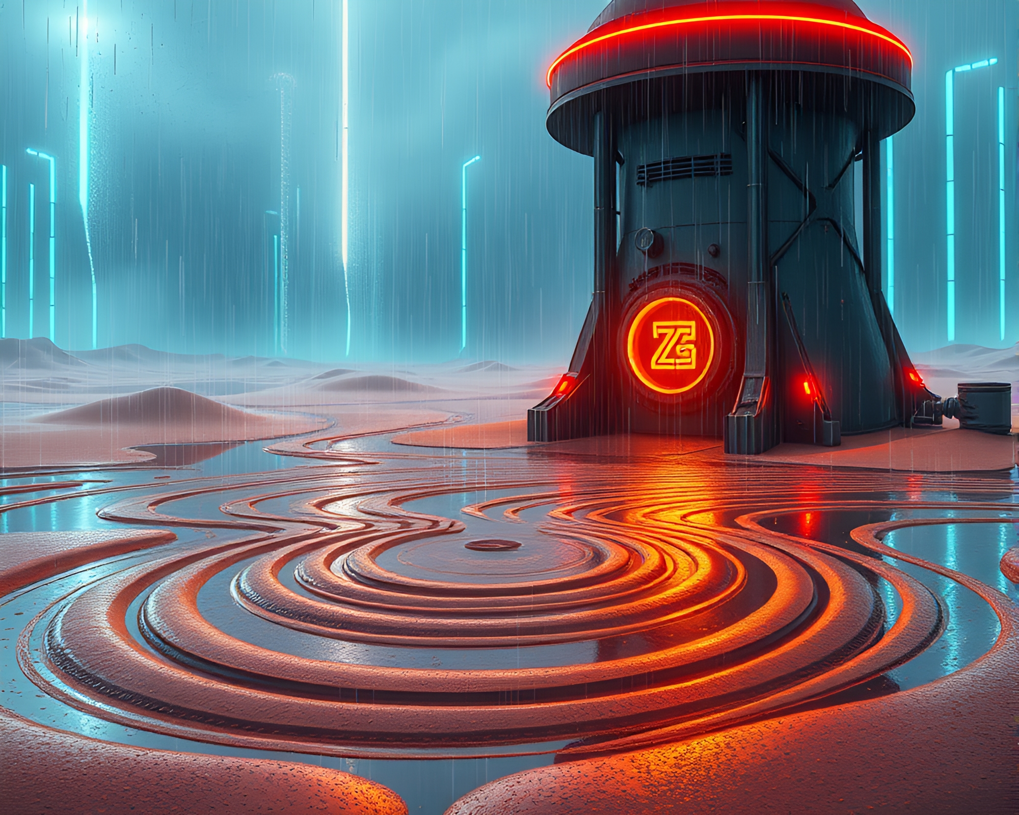 Sand swirls weave zero-point energy in cyberpunk rain – free AI stock image