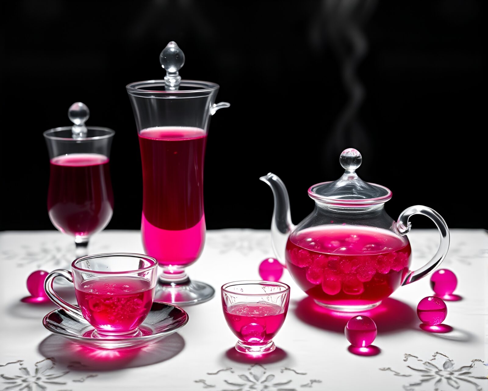 Wet glass beads reflect Alice in Wonderland tea set