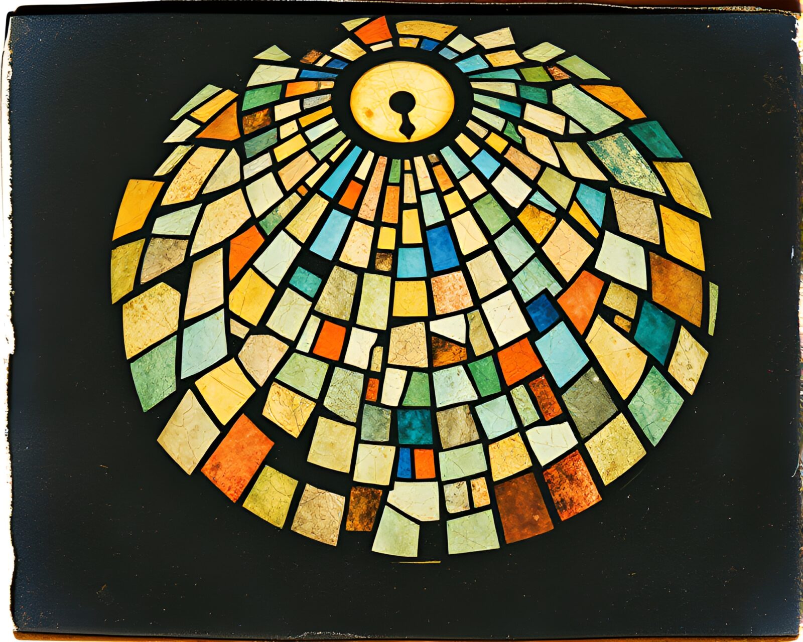 Colorful vintage dome with shattered mosaic pieces in sunlight