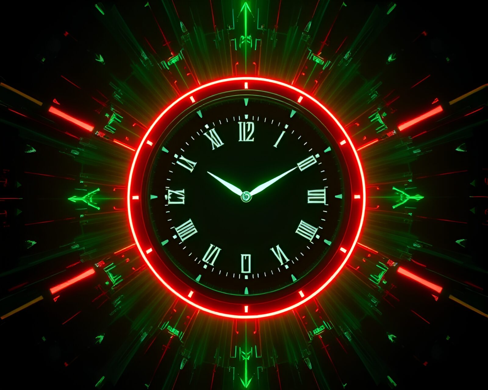 Symmetrical composition of a futuristic clock in a green forest