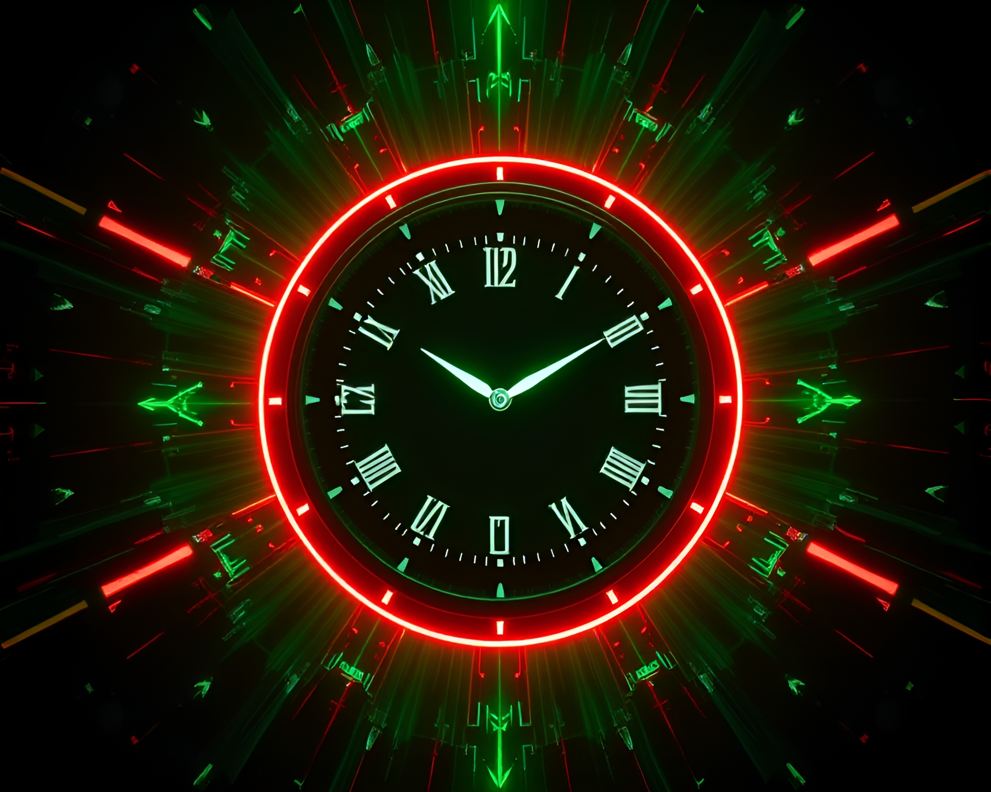Symmetrical Chrono Clock in Synthwave Green Forest – free AI stock image