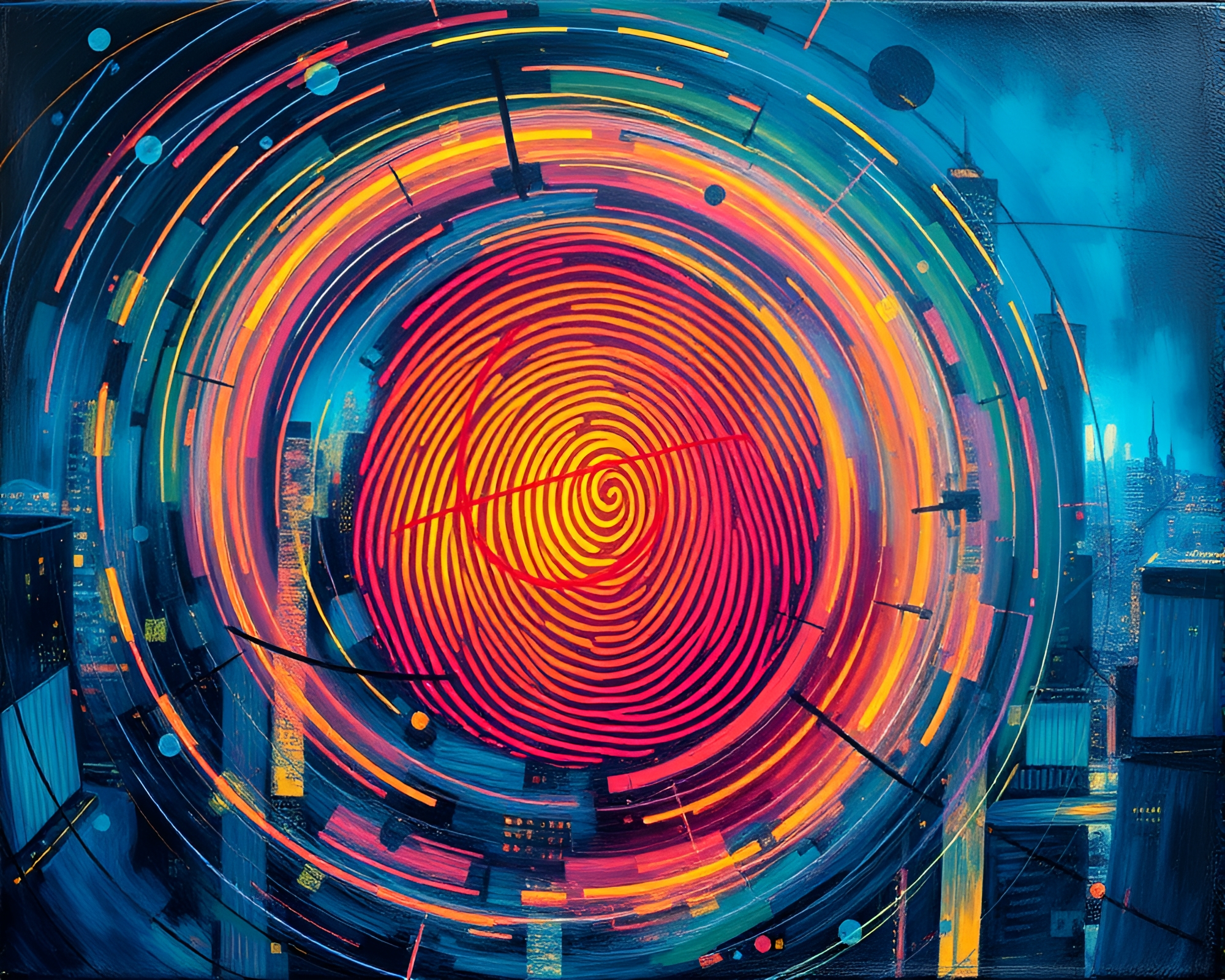 Neon Futuristic Cityscape with Fingerprint Swirl – free AI stock image