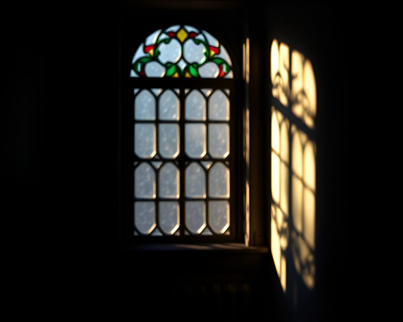 Hyper-realistic depiction of stained-glass window in dim attic