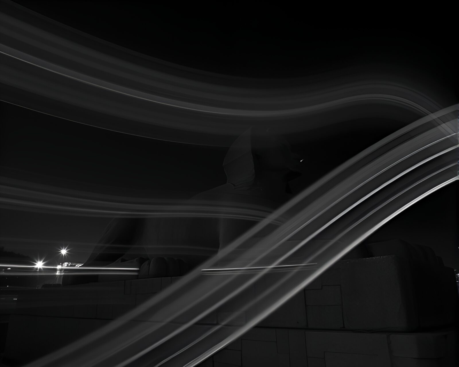 Charcoal black mood sphinx statue with train light trails