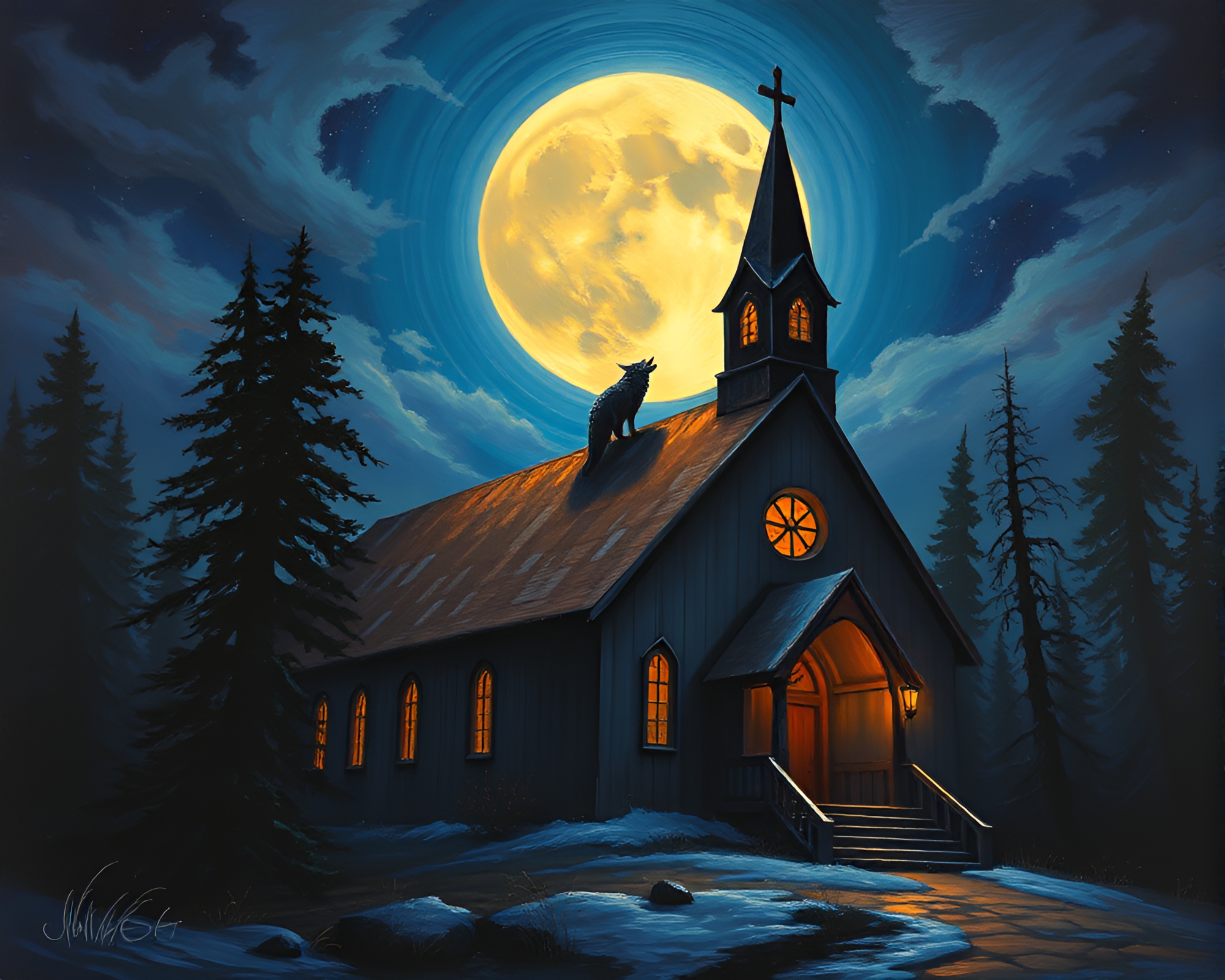 Moonlit Wolf in Action Painted Church Candlelight – free AI stock image