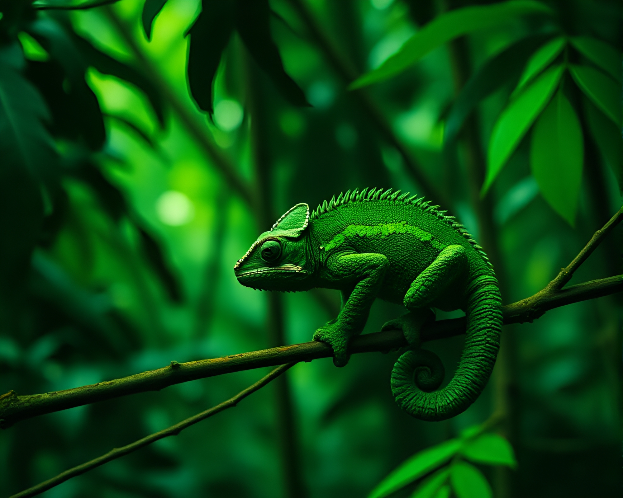 Glitchy Chameleon Camouflaging in Rainforest Mist – free AI stock image