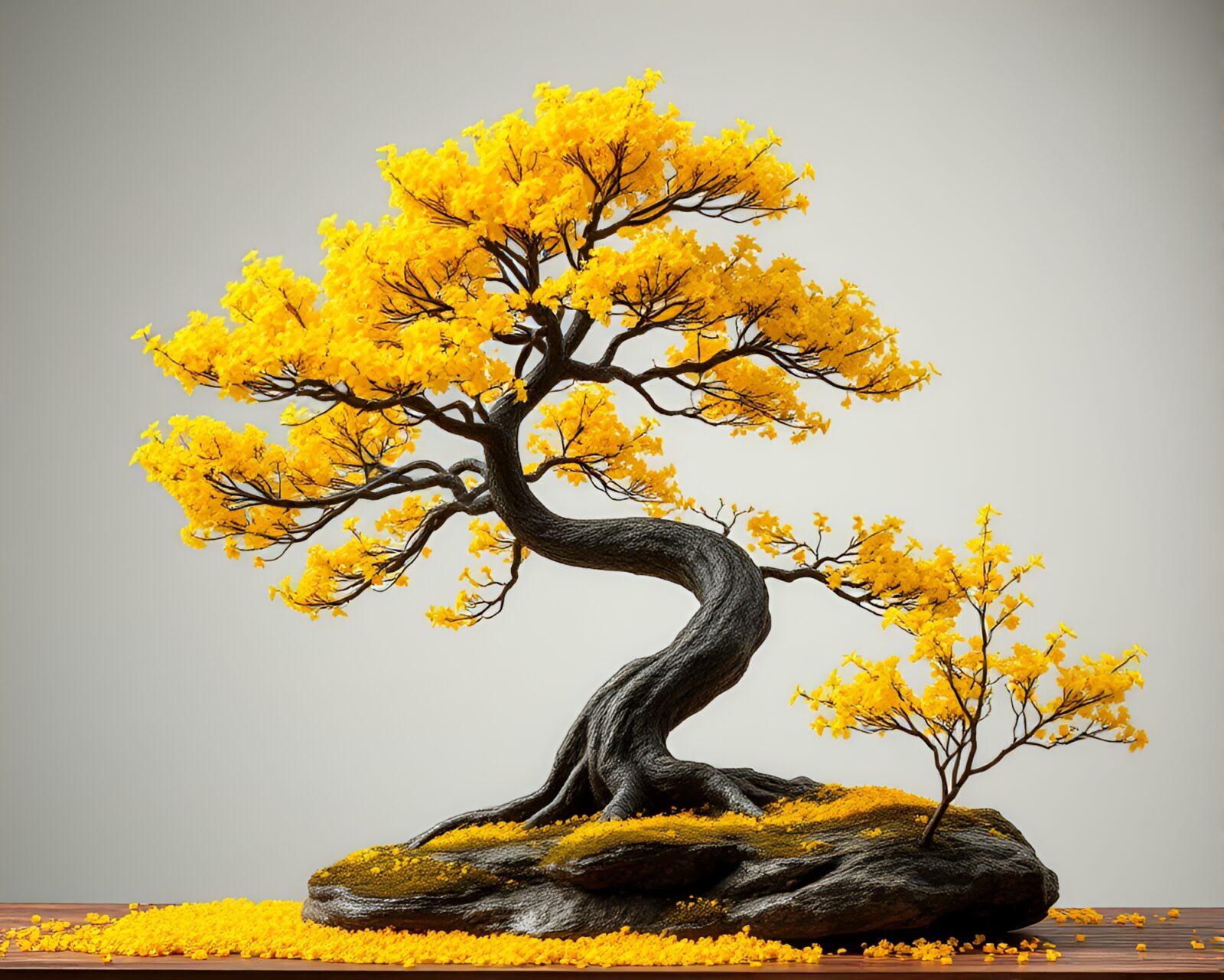 Mustard yellow bonsai tree in intricate particle simulation art