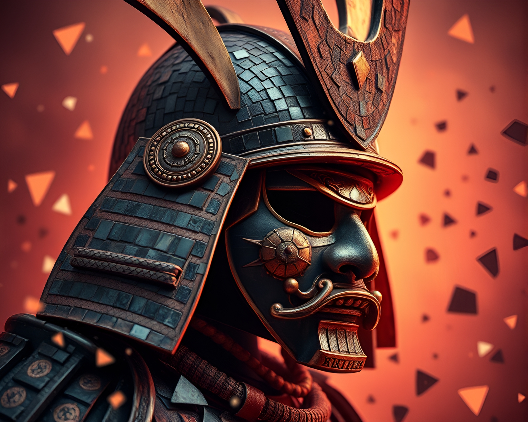 Samurai Helmet Mosaic Fragments in Peachy Glow – free AI stock image