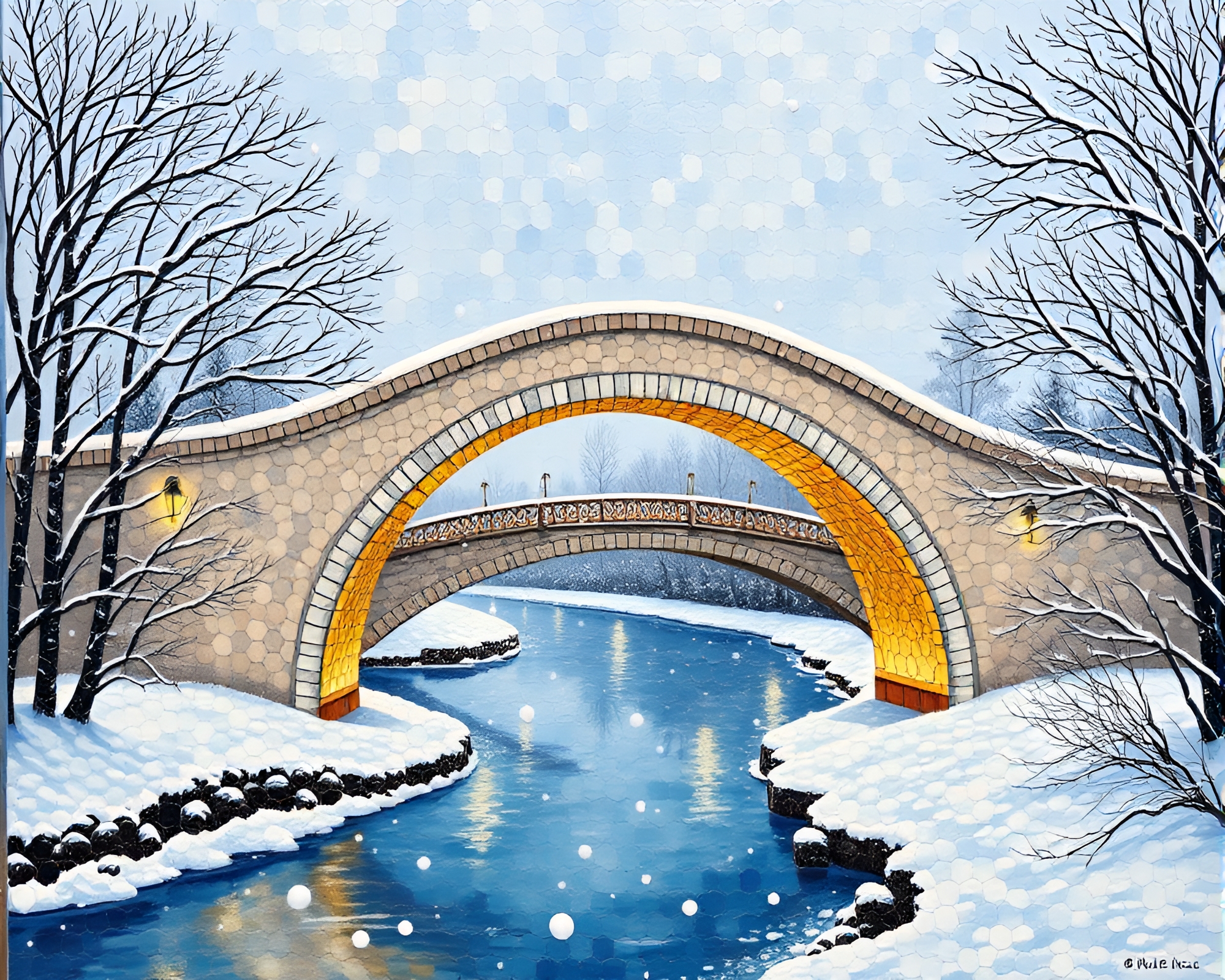 Snow-Kissed Arch Bridge in Sgraffito Hexagonal Tiling – free AI stock image